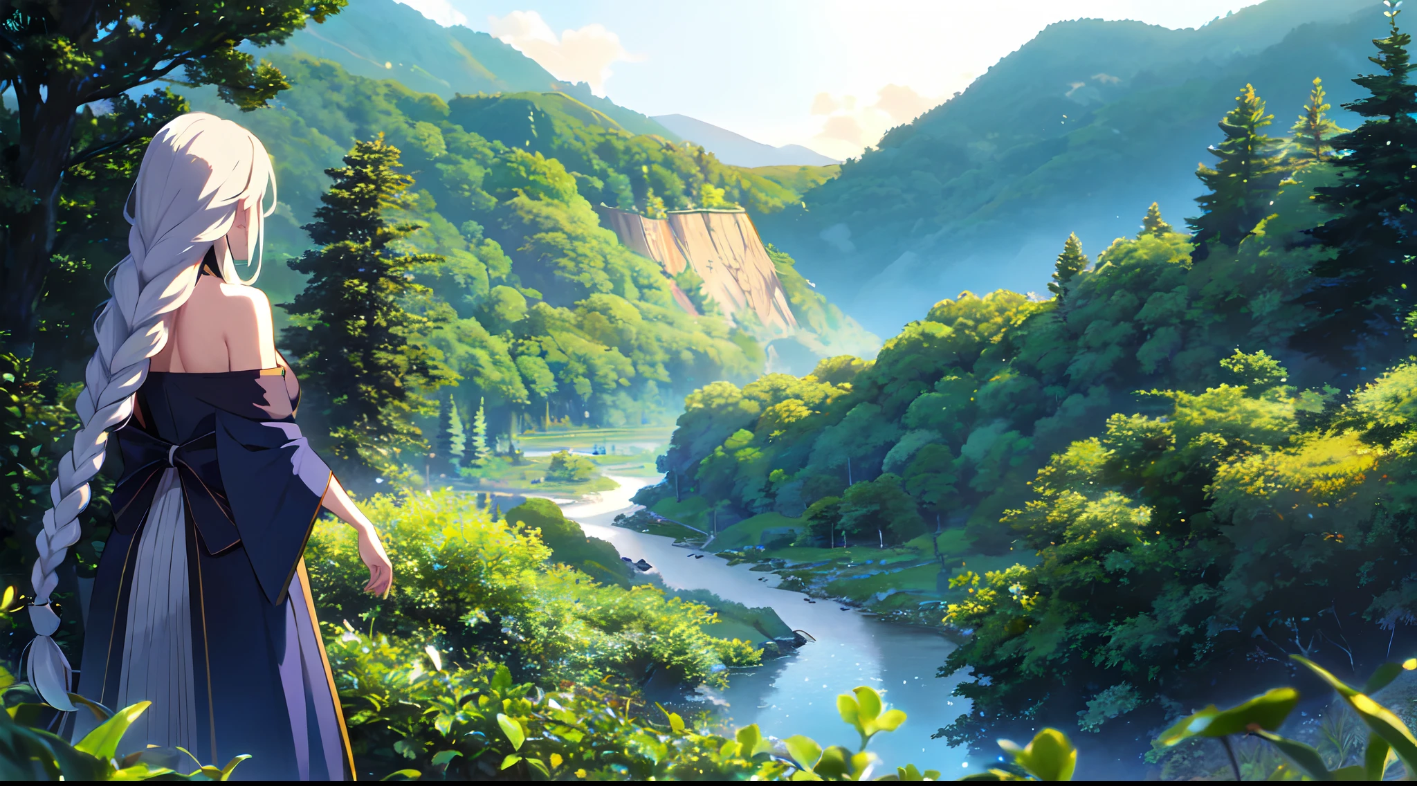 masterpiece, best quality, 1lady, solo, very long white hair, blowing hair, (flower hair ornament), (braided hair), earrings, behind view, back view, close up, night, fireflies, tree, mountain, dark, scenery, forest, fantasy, off shoulder blue dress