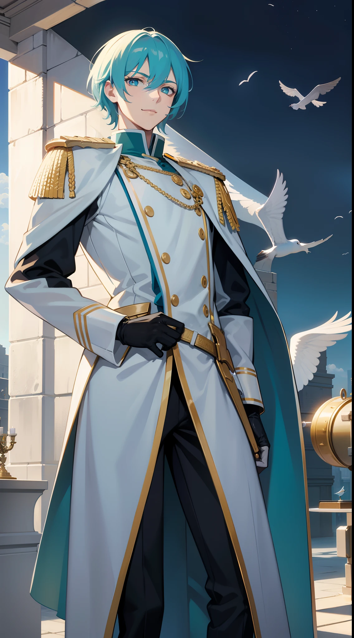 Tall guy, Stunted pigeons, Cyan eyes, ssmile, Beautiful white soldier's uniform, Gold Elements, Two magic pistols, hiquality, 4k, HD, Good detail