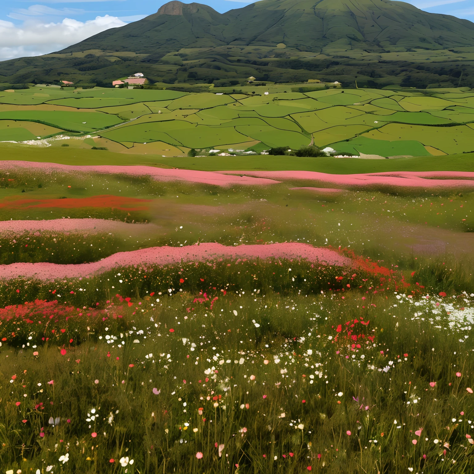 crie uma imagem com o seguinte PROMPT: There is a field of flowers with a mountain in the background, Campo de flores cor-de-rosa, an aesthetic field of flowers, Campo de flores, cosmos em segundo plano, flores surreais de waiizi, standing in flower field, standing in a flower field, Campo de flores, Cosmos, Vasto cosmos, flores em primeiro plano, Cosmos em miniatura, Campos de flores, com Campos de flores em primeiro plano