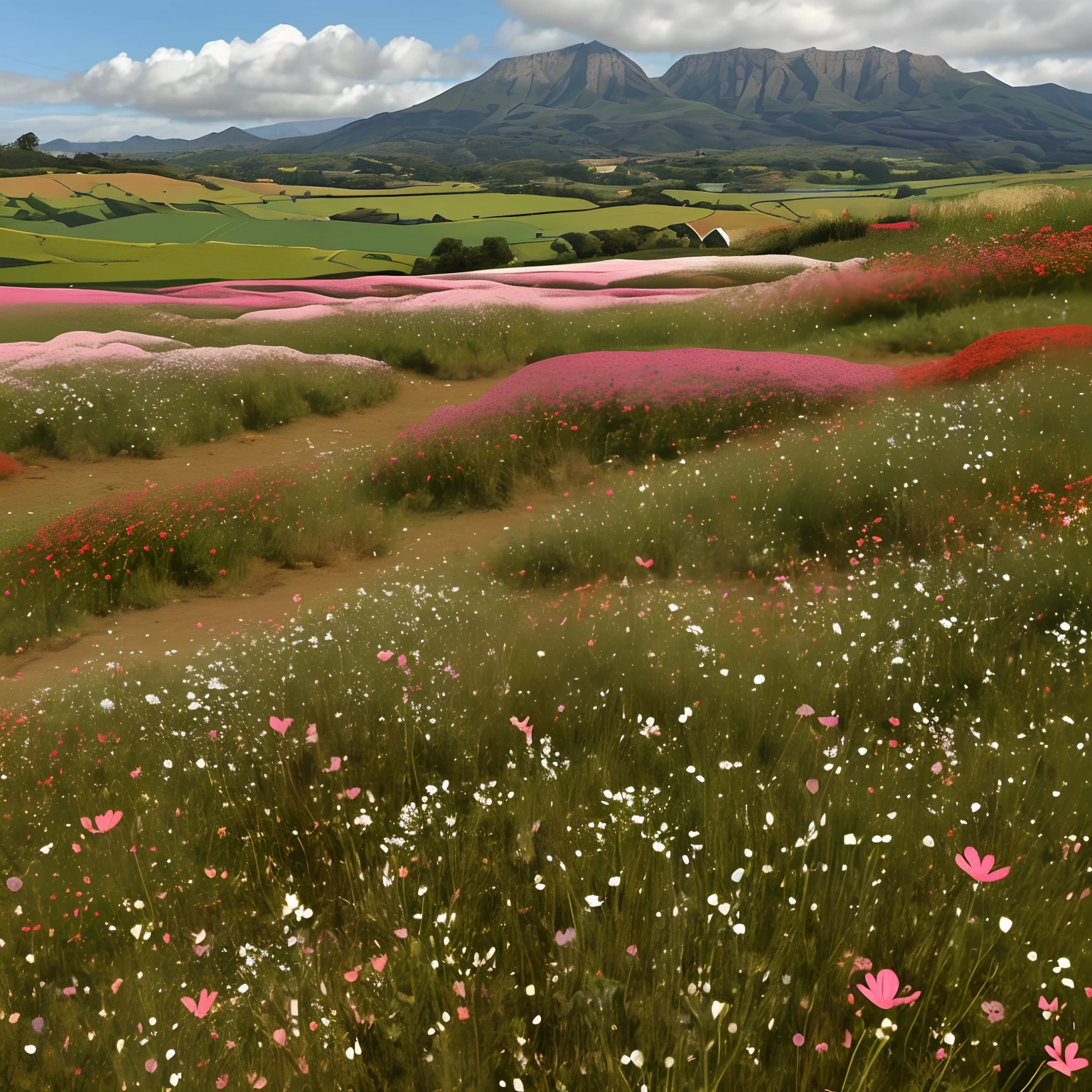 crie uma imagem com o seguinte PROMPT: There is a field of flowers with a mountain in the background, Campo de flores cor-de-rosa, an aesthetic field of flowers, Campo de flores, cosmos em segundo plano, flores surreais de waiizi, standing in flower field, standing in a flower field, Campo de flores, Cosmos, Vasto cosmos, flores em primeiro plano, Cosmos em miniatura, Campos de flores, com Campos de flores em primeiro plano