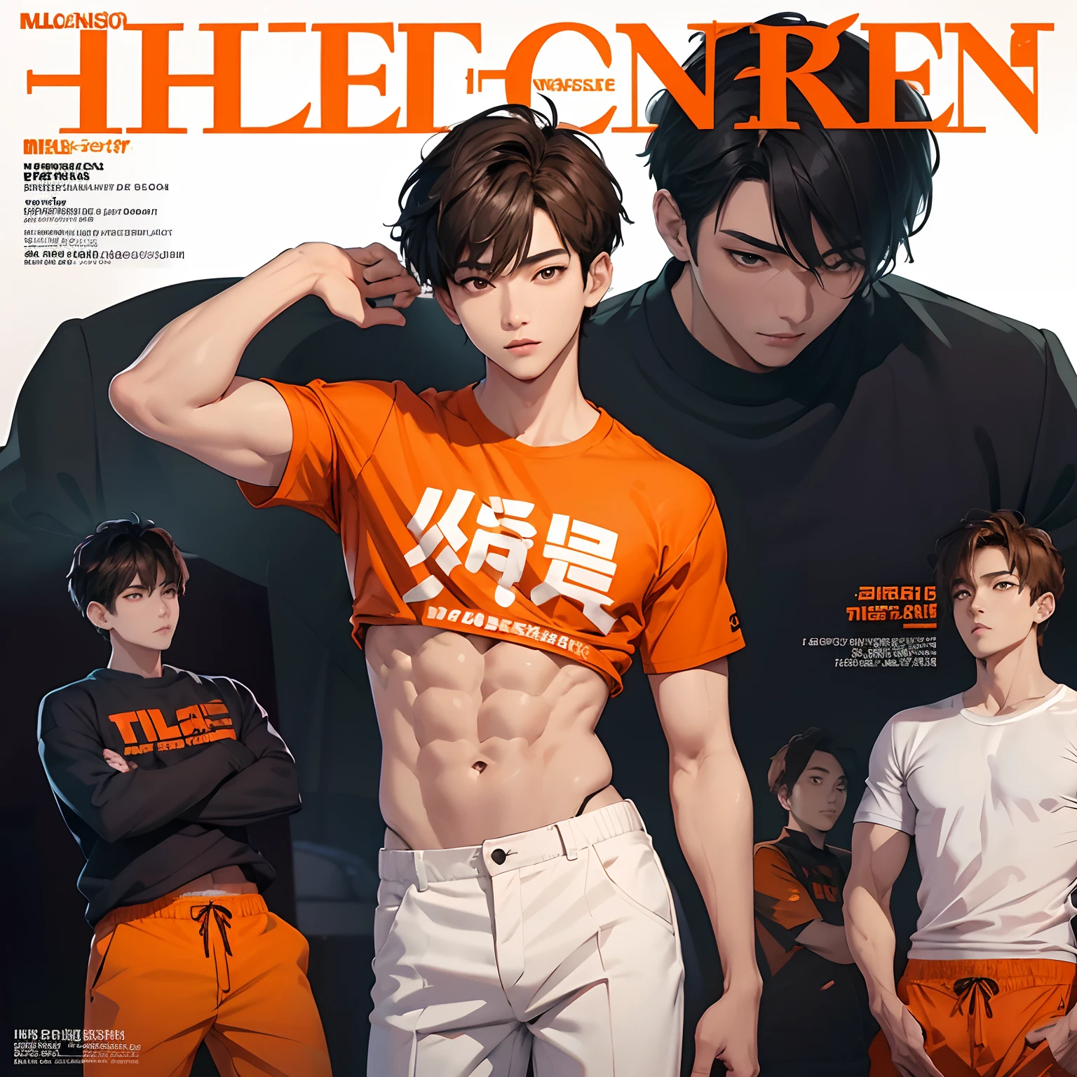 masterpiece, top quality, intricate detail, magazine front page, Korean men's health magazine, Magazine's Title with orange color font, halloween issue, a young handsome boy with short pants, T shirt, tall muscle, ((abs)), Kpop idol, looking at camera, beautiful face, white background, fashion model, Kpop boy's group member, fashionable damage short pants, ikemen
