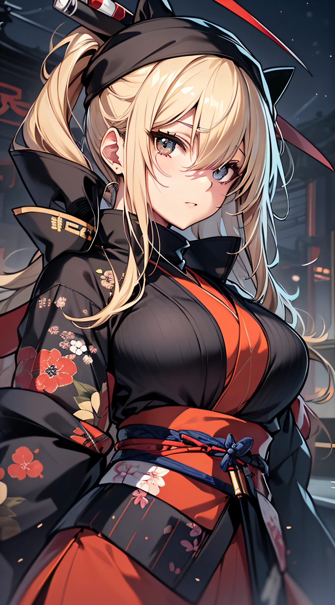 top-quality、Top image quality、masterpiece、teens girl((18year old、Black ninja uniform with short sleeves、Bust 80、a blond、poneyTail、Breasts wide open,valley、Black eye、Strong eye power、Black Hachimaki、Get closer to your audience、Kamimei、Full of wounds all over the body、fighting poses))hiquality、visualart、Background with((World of Japan、Black sky))、