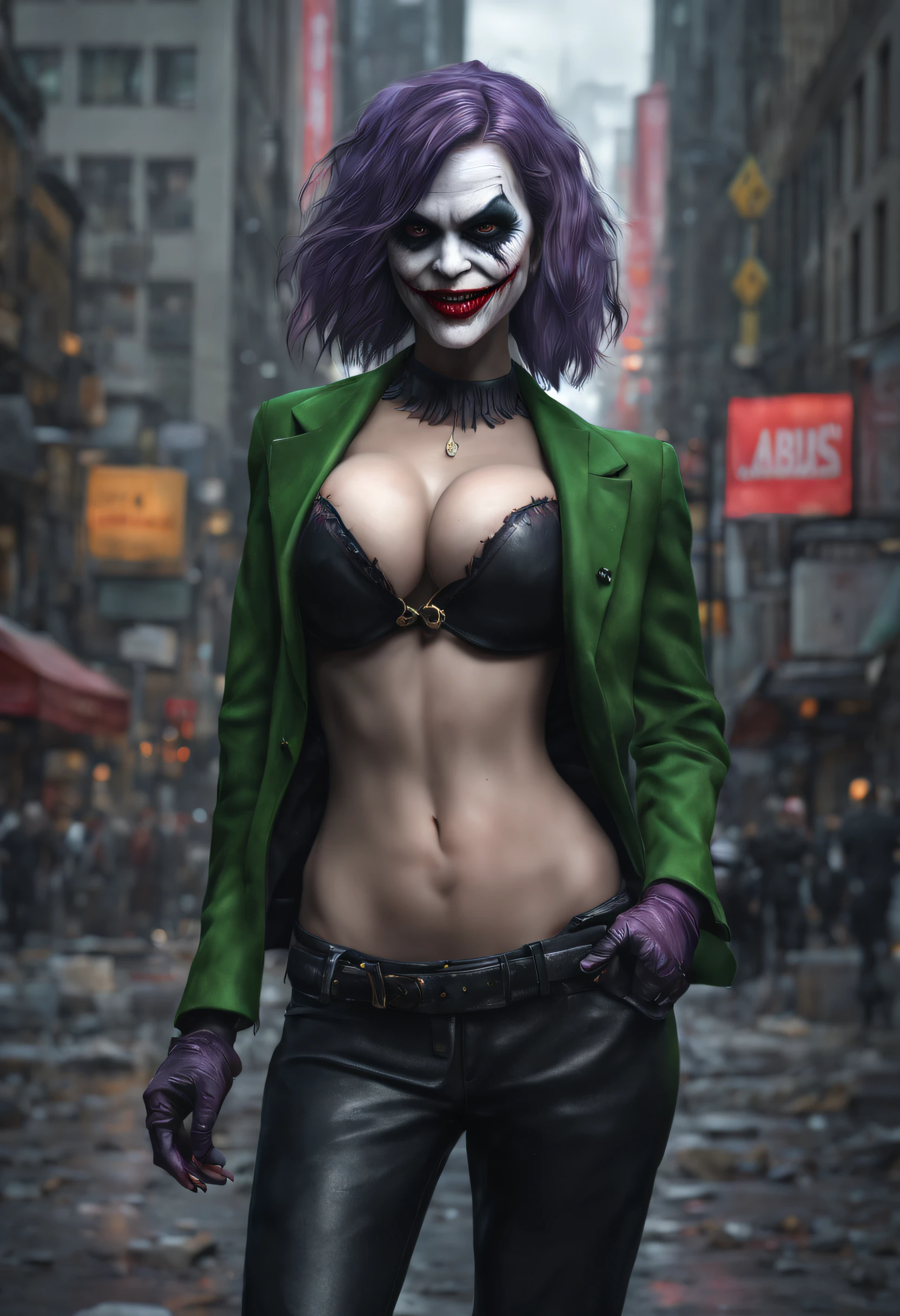 New York, tiem square, Joker Girl 25 years old, macabre, horror, Sharp mouth teeth, full body shot, tight clothes, technological details, Authentic background, (realism: 1.5), (Realisitc: 1.4), (Absurdity:1.4 ), 8k, ultra-detailed, detailed, (full breasts: 1.3), (One only: 1.4 only), (Viewer facing: 1.3),