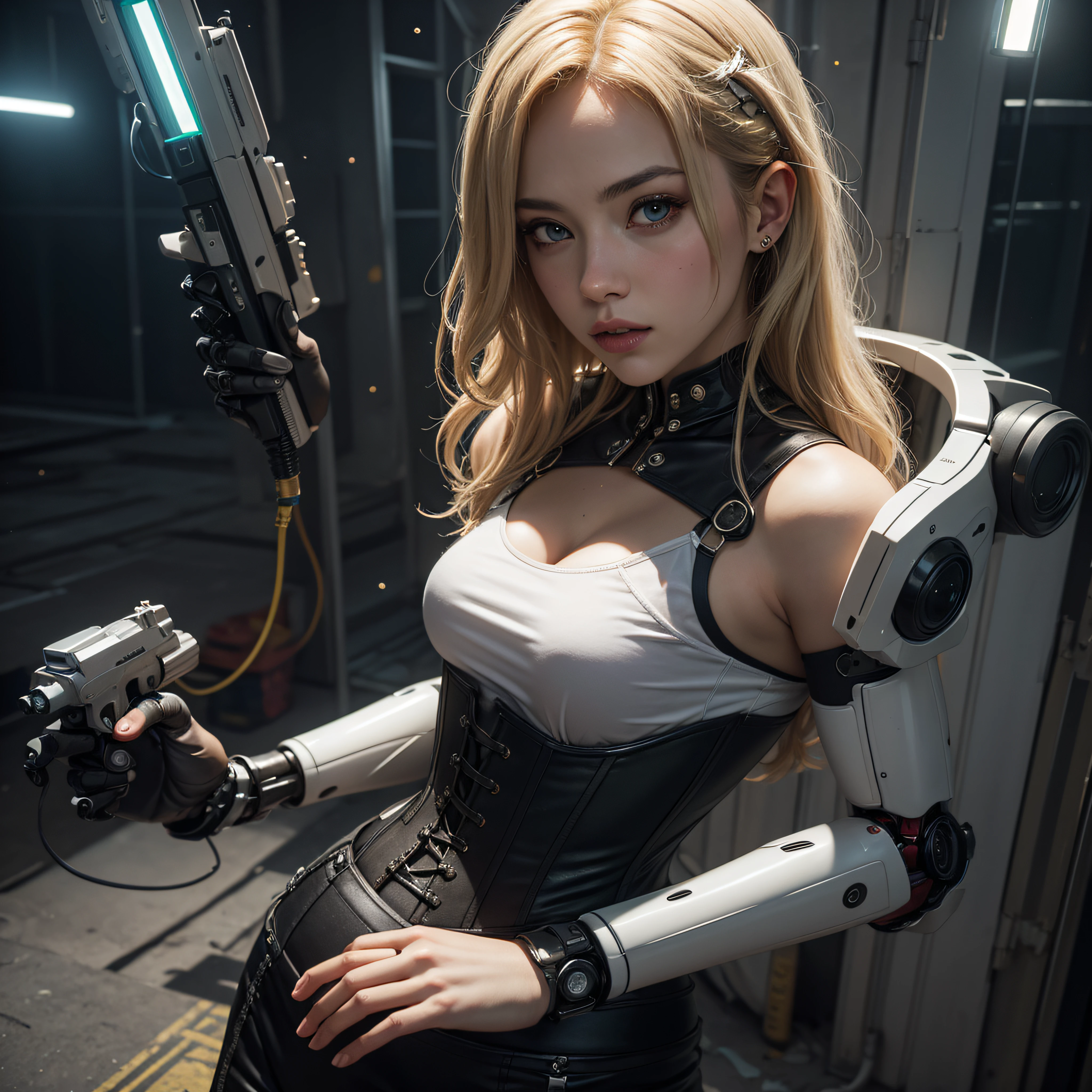 ((calidad superior)), ((obra maestra)), ((realista)), (Los detalles), (fotorrealista:1.5), puppet, marioneta de nadera humanoides tendidos en un piso de concreto, Science-Fiction, HDR, Trazado de rayos, NVIDIA RTX, Los ultra-Highres, Irreal 5, Sub-Surface Scatterring, PBR texturizado, Post-procesamiento, Anisotropic filtering, Profundidad de campos, maximum sharpness and sharpness, Regla de los tercios、8K RAW、(Luminescent Particles:1.4)、(super-detailed CG、Unidad 8k Fondos de pantalla、lighting like a movie、destello de lente、foco nítido. Blonde girl with corset, Robotic Parts, Cannons, Armas, pistola, Arte cyberpunk、arquitectura cyberpunk