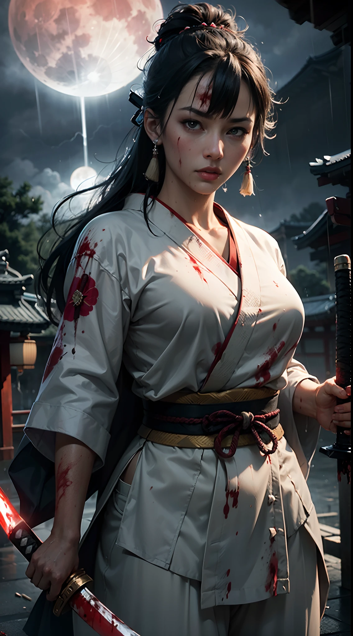 [object Object], (Detailed face features:1.3),1woman,delicate face,bright eyes,beautiful face,((japanese princess)),in the palace,japanese architecture,flames of war raging everywhere,((fighting stance:1.2)),((blunt bangs)),outdoor,((wet clothes)),wet skin,((stormy rain:1.3)),cloudy sky,((Japanese Warring States  samurai clothing:1.3)),red color sky,((full-moon:1.2)),at night,fierce wind,dynamic shot,black hair,long hair, ,Phoenix patterned clothing,
(RAW photo, 16k, masterpiece, best quality: 1.2), (ultra realism, hyper detailed and intricate realism: 1.3), (wide depth of field, radiant mapping, ray tracing, god rays: 1.2), High dynamic range, vivid, rich details, clear shadows and highlights, realistic, intense, enhanced contrast,(((samurai sword in hand))),((blood on face:1.3)),((damaged clothing:1.3)),HDR,natural lighting,chignon,strong gaze