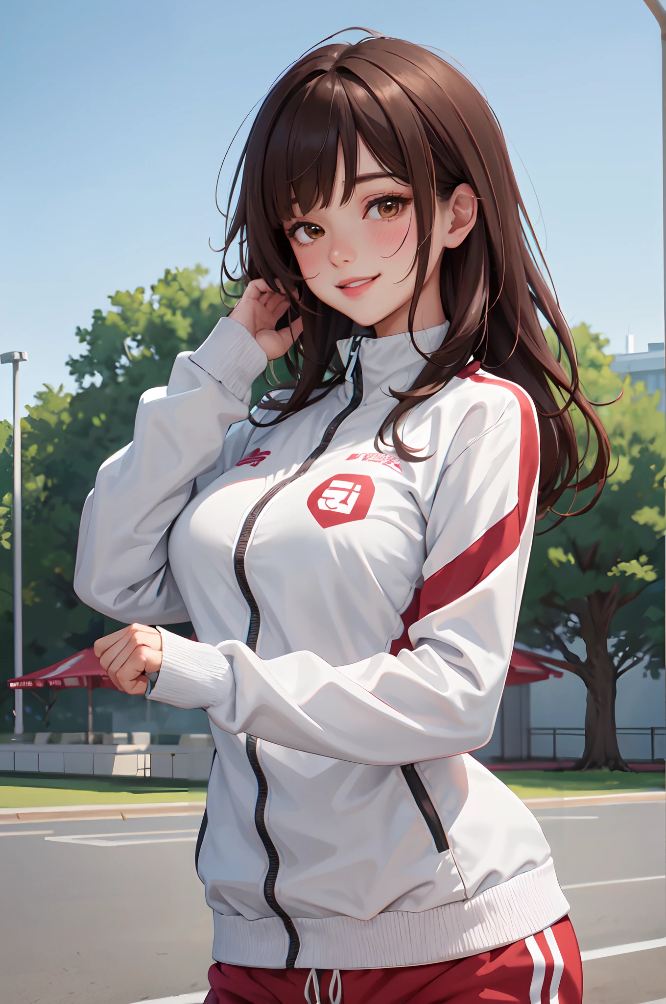 1lady standing, mature female, /(stylish tracksuit long sleeve/) /(sports shorts/), /(brown hair/) bangs, blush kind smile, (masterpiece best quality:1.2) delicate illustration ultra-detailed, large breasts, arms down BREAK /(pubric park outdoors/), detailed background
