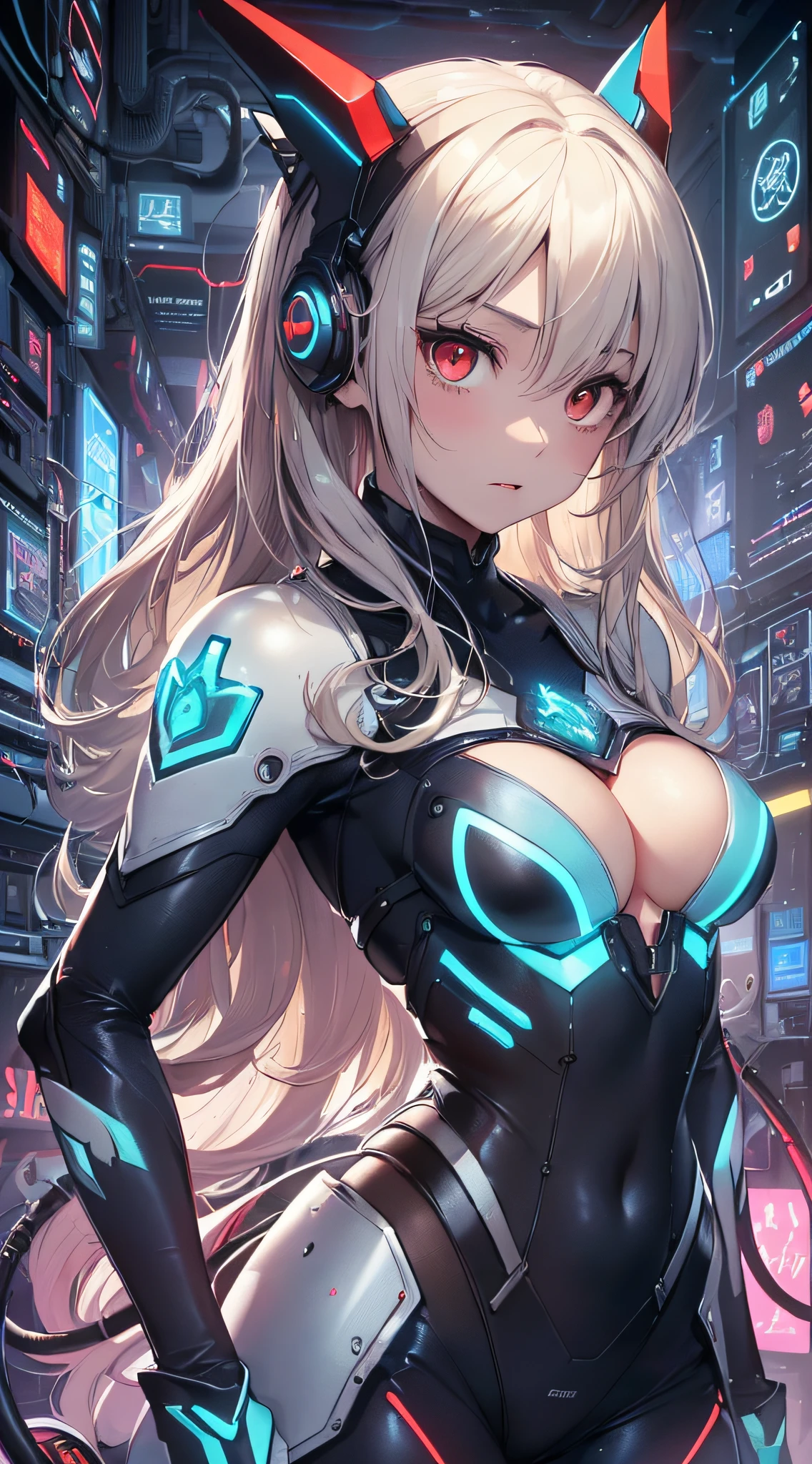top-quality、Top image quality、​masterpiece、Android Girl((18year old、Red, Black and blue glowing cybersuit、Blue energy source on chest,Best Bust、Bust 90、Blonde Away Tail、Red Eyes、open chest wide、Valley、Happiness、A slender、deadpan、Stand at the front、Countless cable connections throughout the body)）hiquality、Beautiful Art、Background with((research complex、Cooling system、Frozen capsules、neon color、Cyberworld、Cold))、masutepiece、Elaborate design、visualart、
