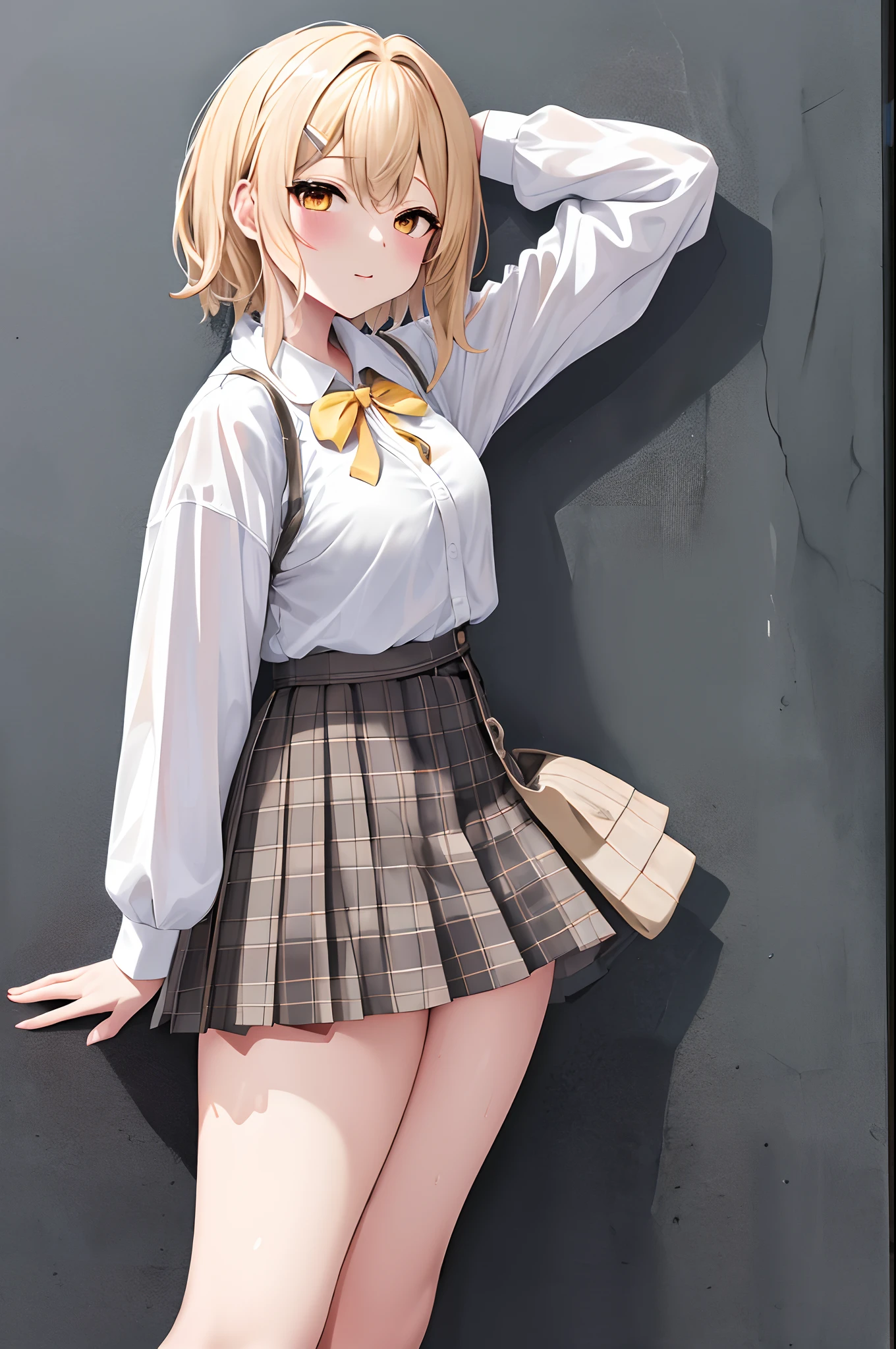 ​masterpiece, top-quality, hight resolution, 1girl in,White wet shirt, Virtual Youtuber, checked skirt, 独奏,  thighs thighs thighs thighs,, blonde  hair,bobhair, shorth hair, White wet shirt,white thighhig,  shirt with collar,  Sleeve half,   Open your clothes, bangss,  yellow  eyes, Checked pleated skirt,   standingn、cowboy  shot、outside of house、