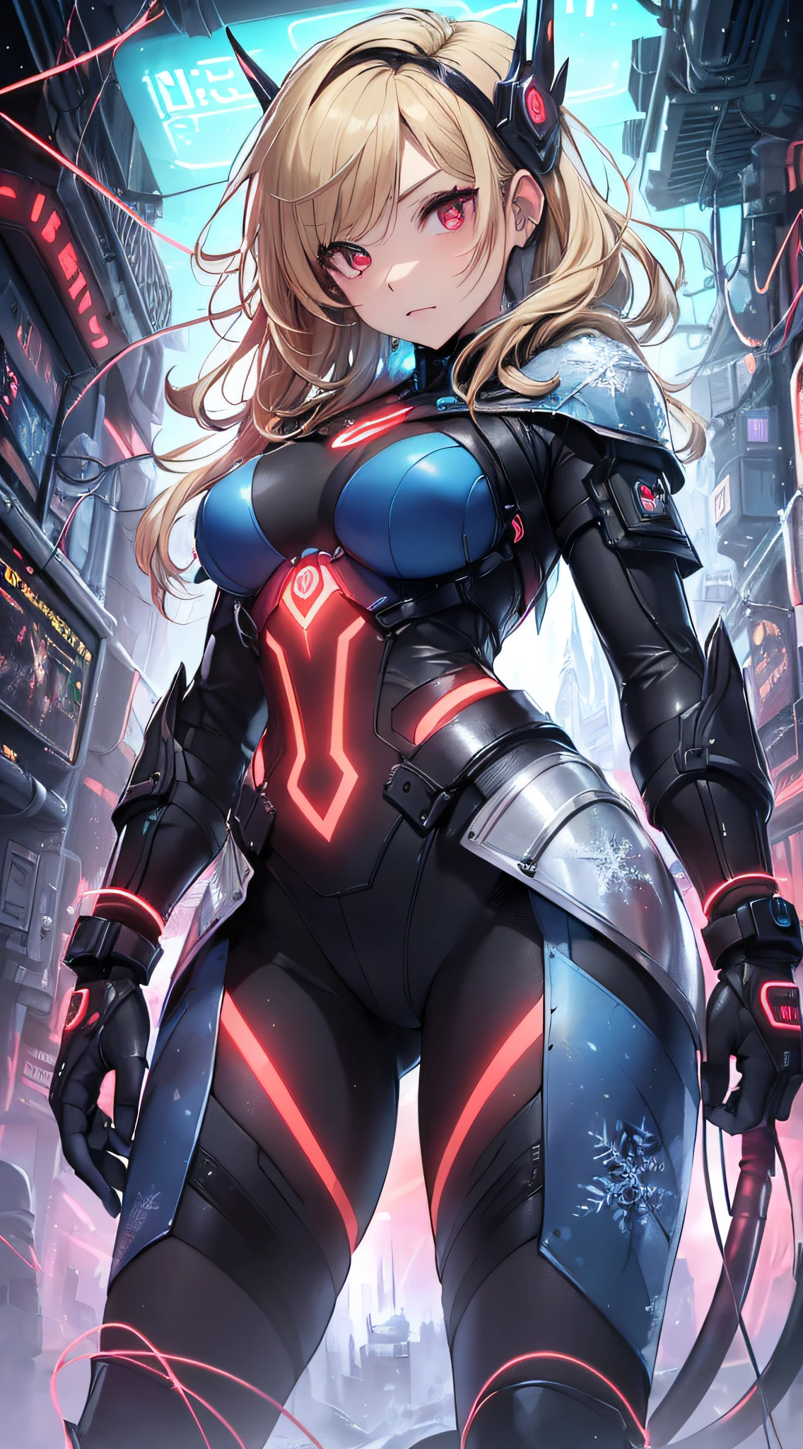top-quality、Top image quality、​masterpiece、Android Girl((18year old、Red, Black and blue glowing cybersuit、Blue energy source on chest,Best Bust、Bust 90、Blonde Away Tail、Red Eyes、open chest wide、Valley、Happiness、A slender、deadpan、Stand at the front、Countless cable connections throughout the body)）hiquality、Beautiful Art、Background with((research complex、Cooling system、Frozen capsules、neon color、Cyberworld、Cold))、masutepiece、Elaborate design、visualart、