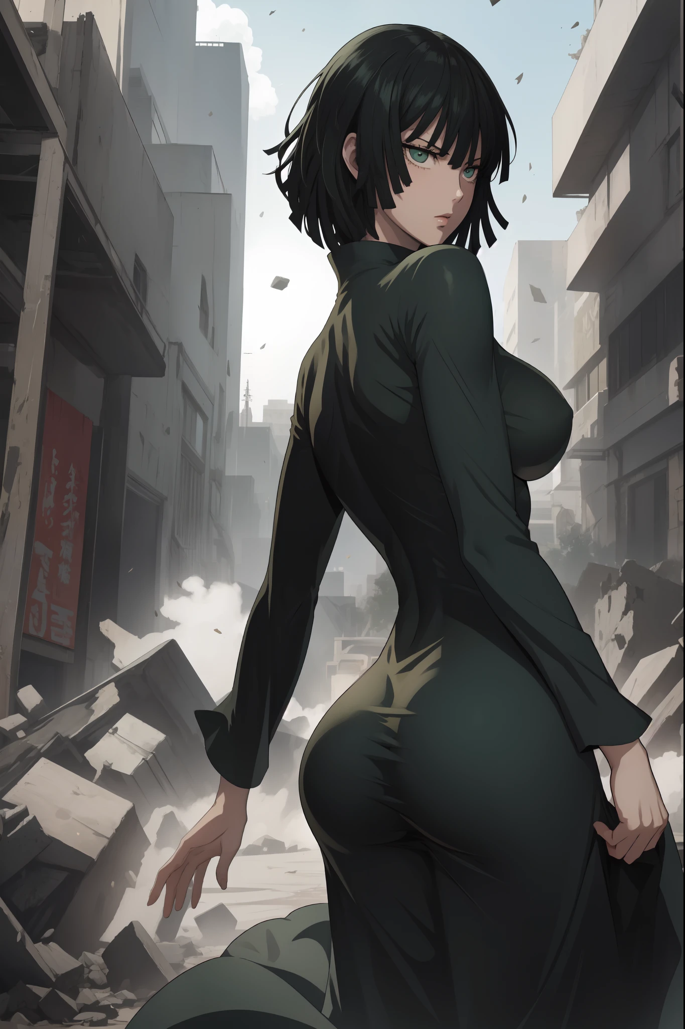 Anime art style, Fubuki from one punch man, green hair, white skin, wearing V-neck dress, standing on destroyed city, cinematic lights, blushing cheeks, big breast, big booty, back view.