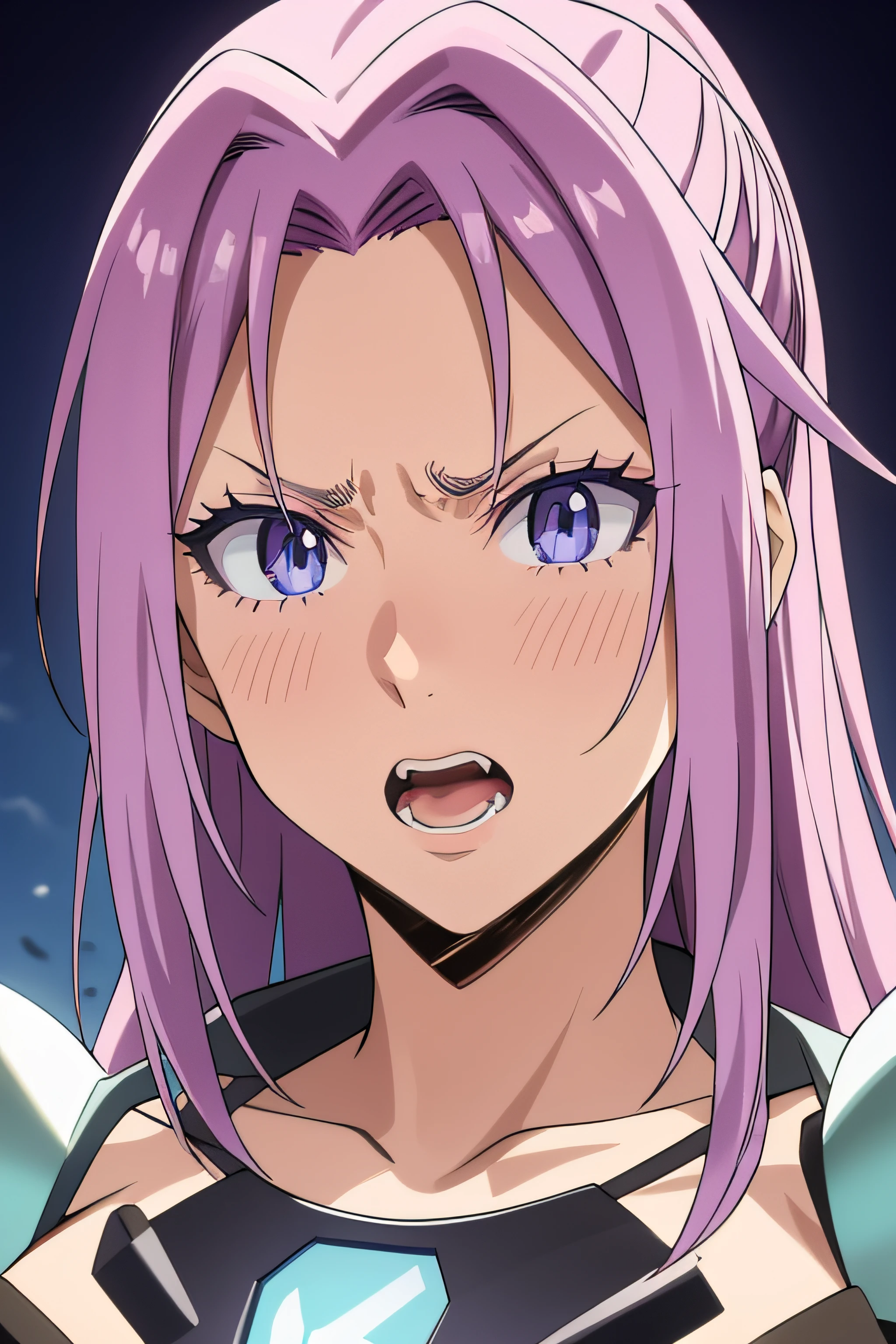 primer plano, face, pink hair, medium hair, blue eyes, angry, screaming, armor