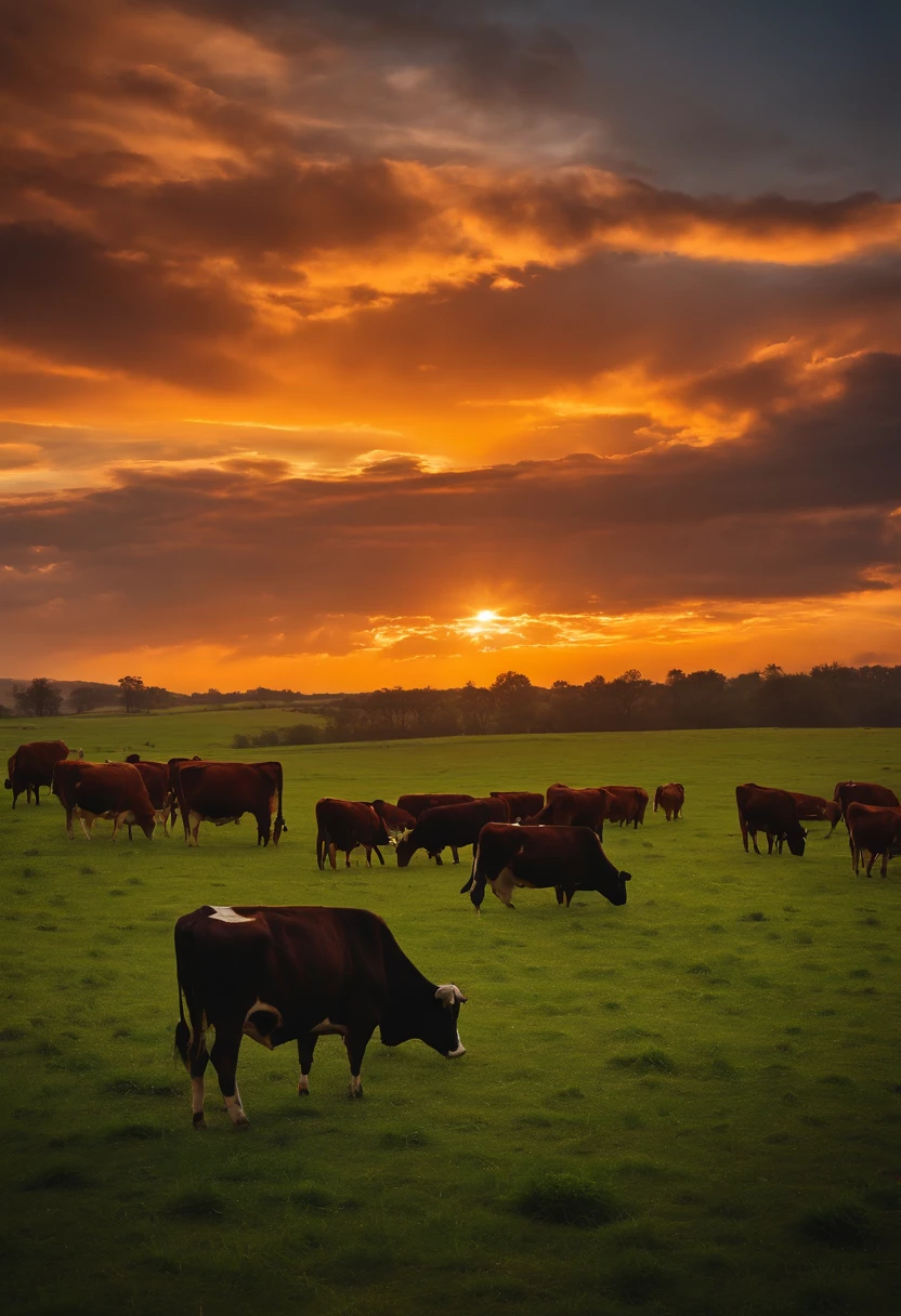 It's the time of dusk when light meets with dark , there's a ground where some cows are eating grass the sky is looking so much beautiful with orange clouds . Realistic image. Full HD