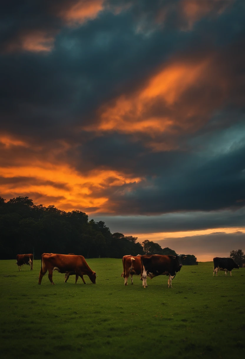 It's the time of dusk when light meets with dark , there's a ground where some cows are eating grass the sky is looking so much beautiful with orange clouds . Realistic image. Full HD