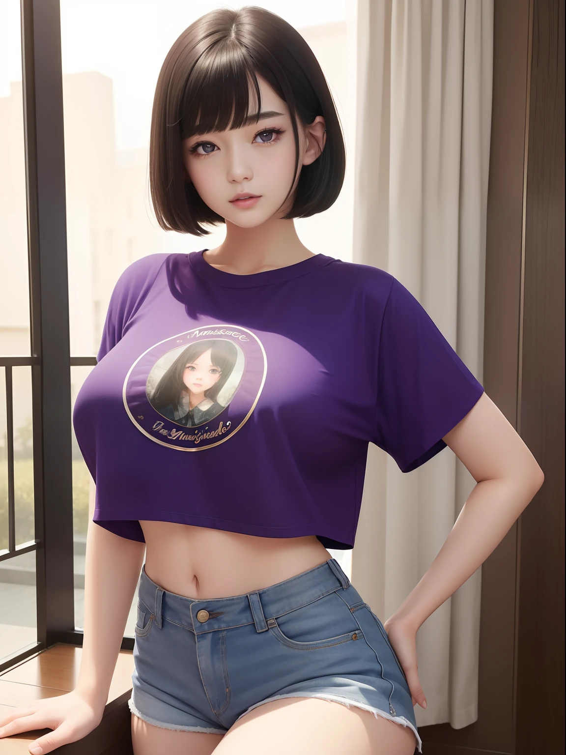 ((top-quality))、((masterpiece))、realisticlying、 1 人、A dark-haired、bob cuts、Purple eyes、radiant eyes、(Colossal tits), T-shirt, croptop, Shorts,