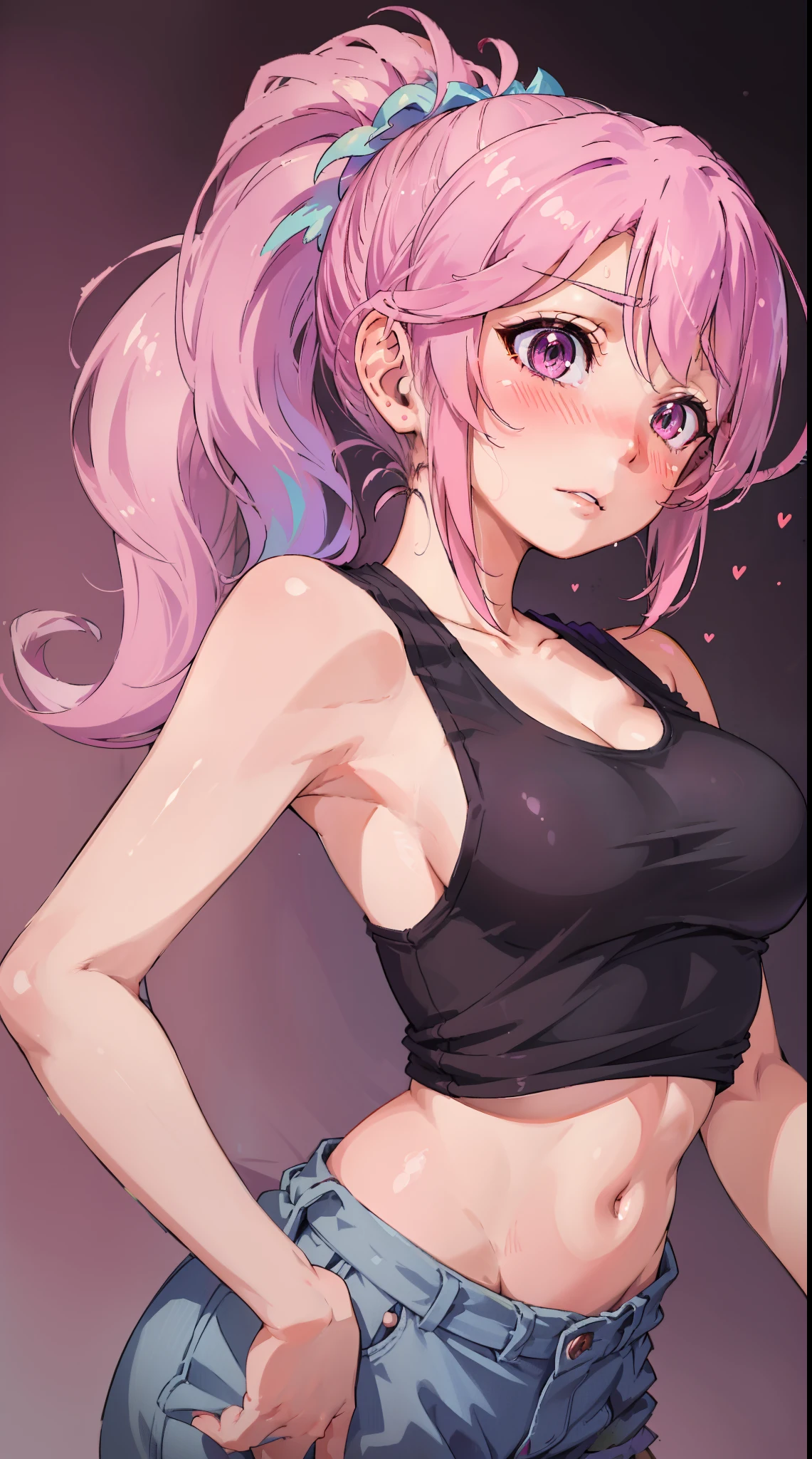 Jibril, blushed, perfect anatomy, detailed eyes, detailed lips, extremely detailed eyes and face, vivid colors, sharp focus, masterpiece:1.2, ultra-detailed, blushed, ((doggystyle)), (solo), ((cropped tank top)), sleeveless, ((((ponytail))))