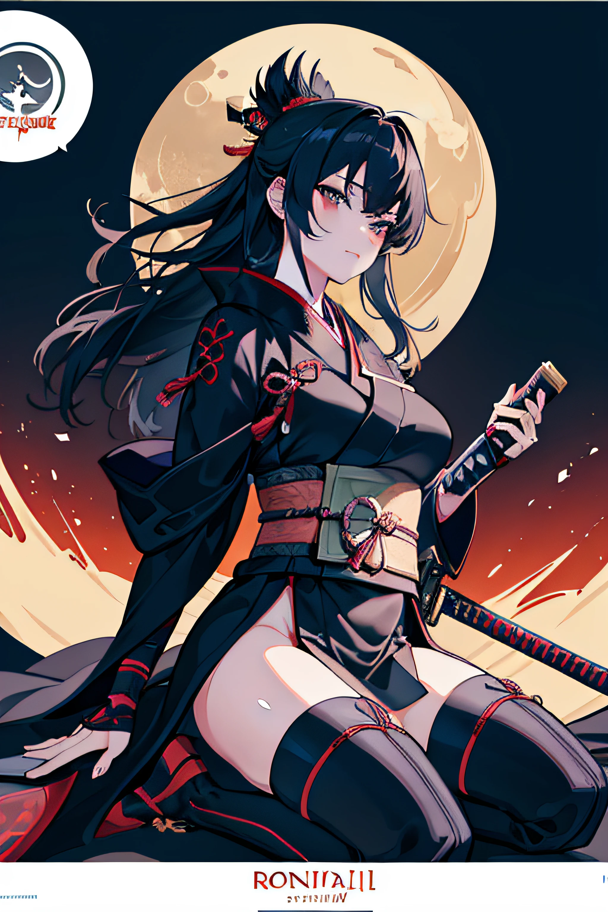 (Masterpiece, Best Quality), 8k Wallpaper, highly detailed, sexy female ronin, samurai, katana, japan, night, moonlight, vector style art, erotic, movie poster style, thick outline, lettering.