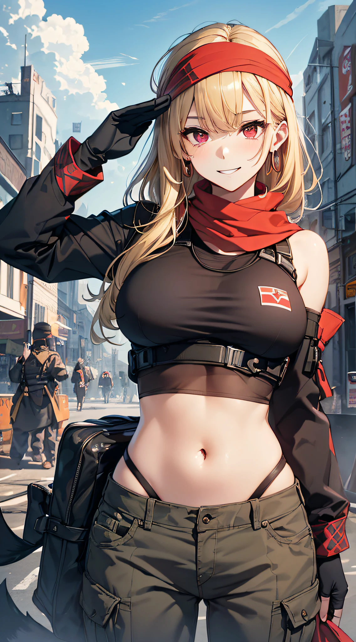 top-quality、Top image quality、masterpiece、girl with((18year old、Blue navel tank top、Military pants、Best Bust、Bust 90、Blonde Away Tail、Red Eyes、open chest wide、Valley、Happiness、A slender、ssmile、black bandana、magnum、Survival Suit,saluting))hiquality、Beautiful Art、Background with((Savage Club、battle field))、masutepiece、Elaborate design、visualart、