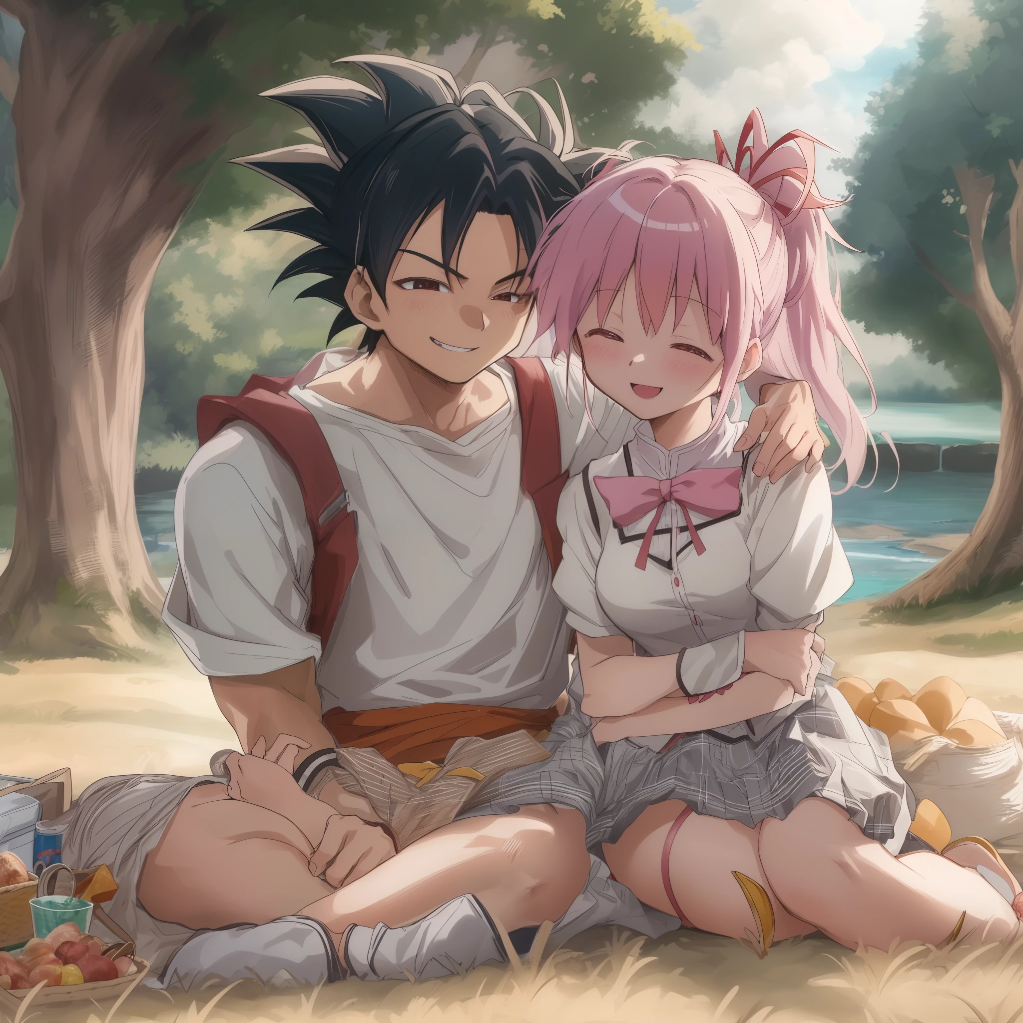 madoka,son goku,couple,husband and wife,love dovey couple,sitting,hug,,smile,(best quality,4k,8k,highres,masterpiece:1.2),ultra-detailed,picnic,