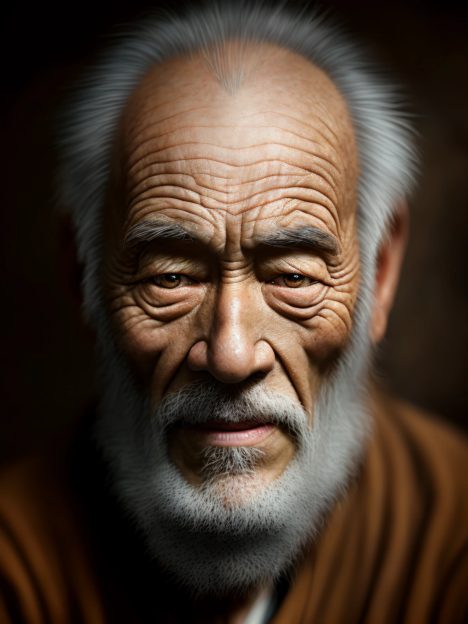 arafed man with a white beard and a brown jacket, ultra detailed portrait, portrait of monk, old man portrait, ultra realistic digital painting, cinematic realistic portrait, realistic digital painting, wise old man, photorealistic digital painting, hyper realistic digital painting, oriental face, highly realistic digital art, an old man, asian face, cinematic. by leng jun