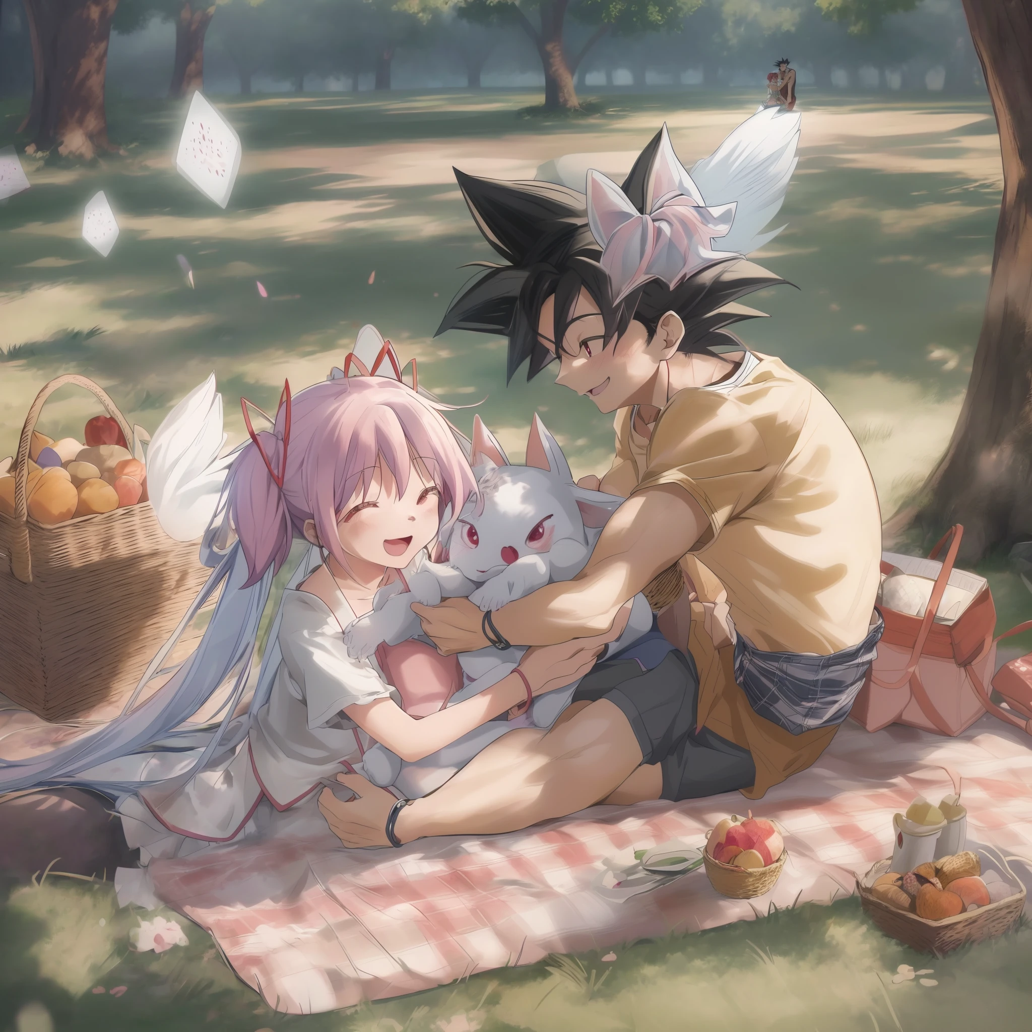 madoka,son goku,couple,husband and wife,love dovey couple,sitting,hug,,smile,(best quality,4k,8k,highres,masterpiece:1.2),ultra-detailed,picnic,