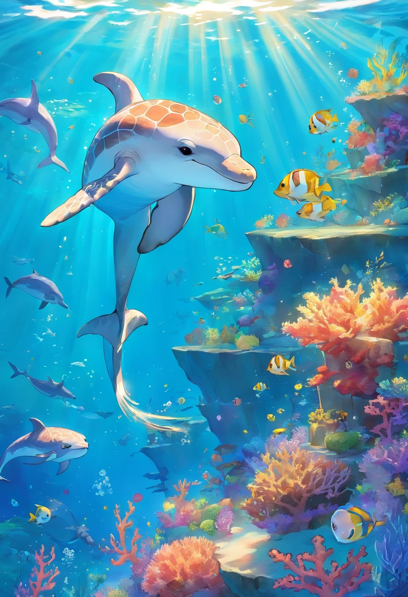 The background of the illustration is a wide and bright ocean,Sunlight shines through the crystal clear waters,Dye the sea surface a warm and bright blue。There is a beautiful area of coral reefs in the sea,Corals are colorful and diverse,It emits a colorful glow。 In this ocean,There are several cute marine animals swimming around。The first is a sea turtle swimming in the sea,Its appearance takes on a turquoise shell,Swimming leisurely,There are also some small fish around it。 Ademais,There is also a lively and cute dolphin,It jumps out of the water,Show a beautiful arc,And leave a splash in the air。The dolphin appears grayish white throughout,The eyes are bright and intelligent,Very charming。 Enfim,There is also a small seahorse,It is petite,It shows a red and yellow speckled pattern。Little seahorses sway leisurely among the water grass,It gives a lovely and peaceful feeling。 The whole illustration is full of warmth and energy,Marine animals swim freely in the bright underwater world,It gives a peaceful and nice feeling。