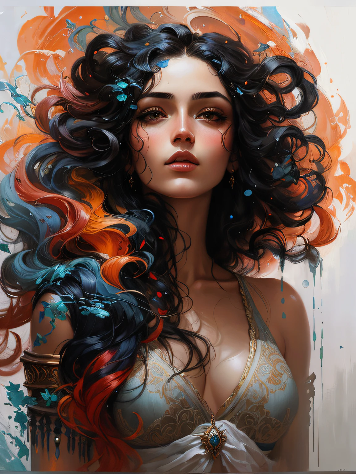 pintura de uma mulher com longos cabelos pretos e cabelos laranja e azul, Arte de Alessandro Pautasso, bela arte digital, intricate and intense oil paint, estilo de arte impressionante, Charlie Bowater Cores Profundas Ricas, obras de arte impressionantes, stunning digital illustration, cabelo preto rodopiante, intricate oil, Bela arte UHD 4K, lindo arte digital, karol bak uhd