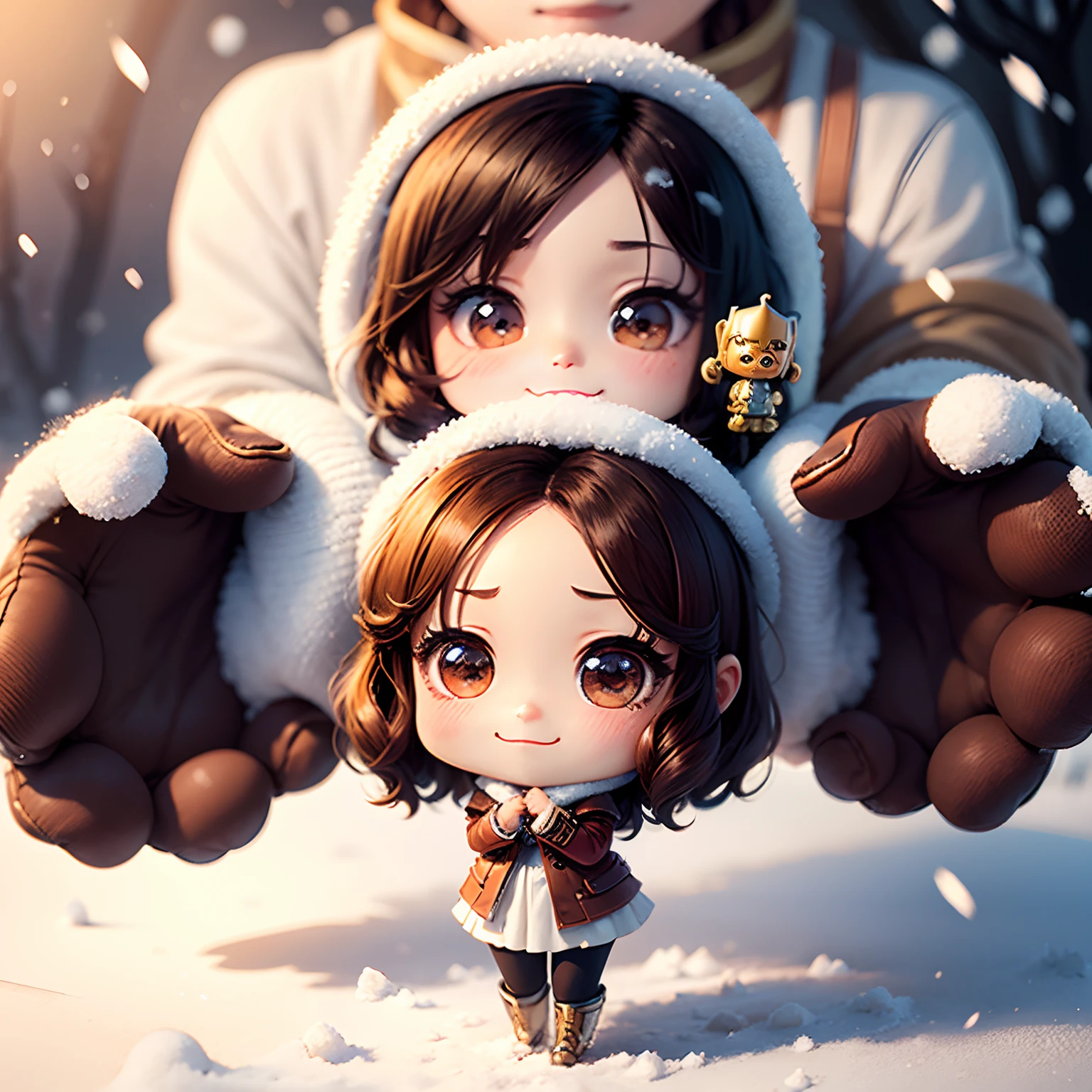 ​masterpiece、top-quality、ultra-detailliert、(Chibi Oscar:1.4)、A charming smile、Brown hair、dynamicposes、snow-white large-flowered roses,、White roses flutter