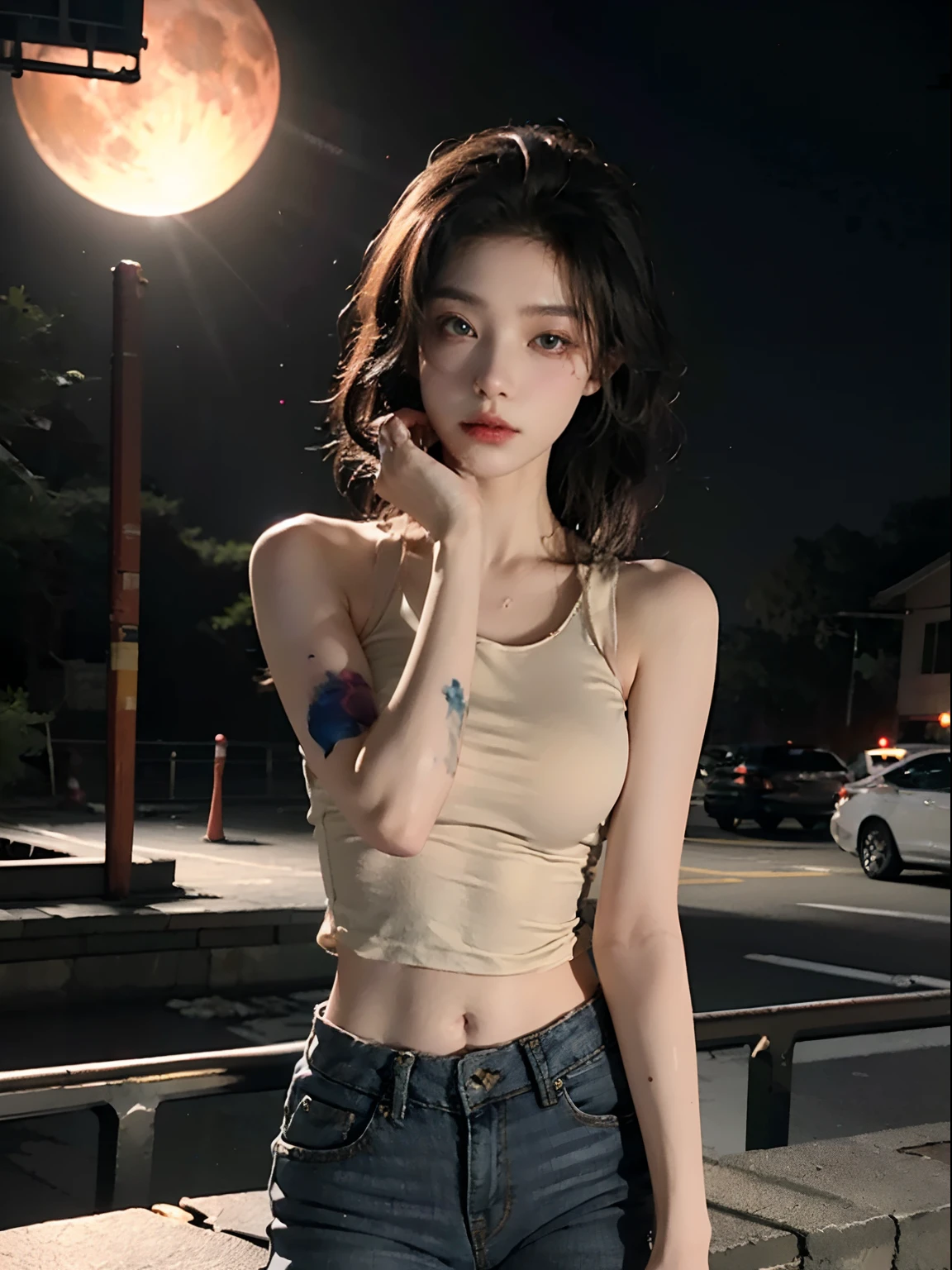 best qualtiy， tmasterpiece， 超高分辨率， （Fidelity： 1.4）， RAW photogr， 1girll， Goose egg face， largeeyes，，， long eyelasher， painted light makeup， cropped shoulders， The shirt， cinmatic lighting， Summer nights， Heat， sweat leggs，Fully transparent underwear，short jeans pants，hands behind body，Behind it is a red moon and a crossroads