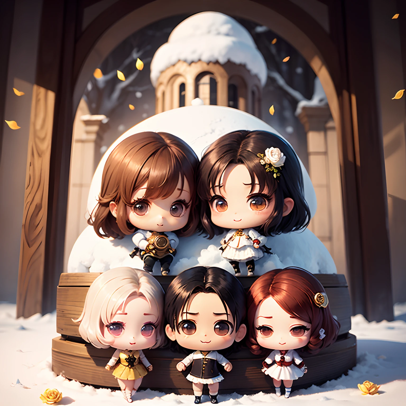 masterpiece、top-quality、ultra-detailliert、(Chibi Oscar:1.4)、A charming smile、Brown hair、dynamicposes、snow-white large-flowered roses,、White roses flutter
