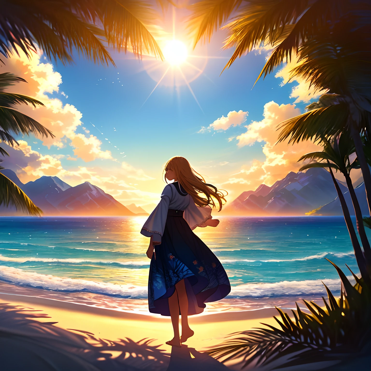 A wide-ranging landscape photo, captured with a stunning view of the beach, with the blue sky and the open countryside of the coastline below. On the golden sand, a girl is standing, barefoot, looking up. The bright sun (1:2) is radiant in the sky, scattering its rays of golden light throughout the scene. In the distance, distant mountains can be seen along the coast, adding a sense of serenity. BREAK Crafting Art tropical trees frame the beach, providing soft shade and a picturesque natural frame. The warm light (1.2) of the sun bathes the scene, creating a vibrant color palette, with shades of purple and orange blending harmoniously. Intricate details and volumetric lighting BREAK (Masterpiece: 1.2) highlight the stunning beauty of the place. The image quality is 4K, ultra detailed, capturing each element perfectly. The dynamic composition (1.4) gives movement and fluidity to the image, while vivid colors and a rainbow (1.2) add a magical touch. The brightness of the sun reflected in the water and the atmospheric lighting create an atmosphere of dream and tranquility. The soil (1.2) is rich in detail and texture, conveying the feeling of walking on the warm sand of the beach.