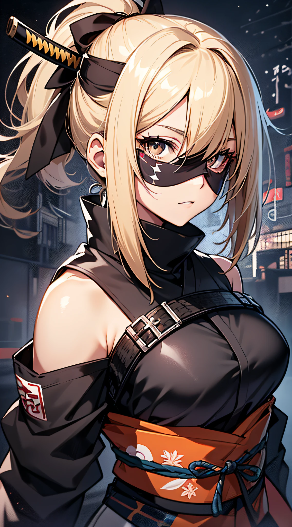 top-quality、Top image quality、masterpiece、Mecha Girl((18year old、Black Ninja Uniform,Best Bust、Bust 100、a blond、poneyTail、Breasts wide open,You can see a large valley、Black eye、Strong eye power、Go to Viewer、Black Hachimaki、holding a katana))hiquality、visualart、Background with((World of Japan、Black sky))、