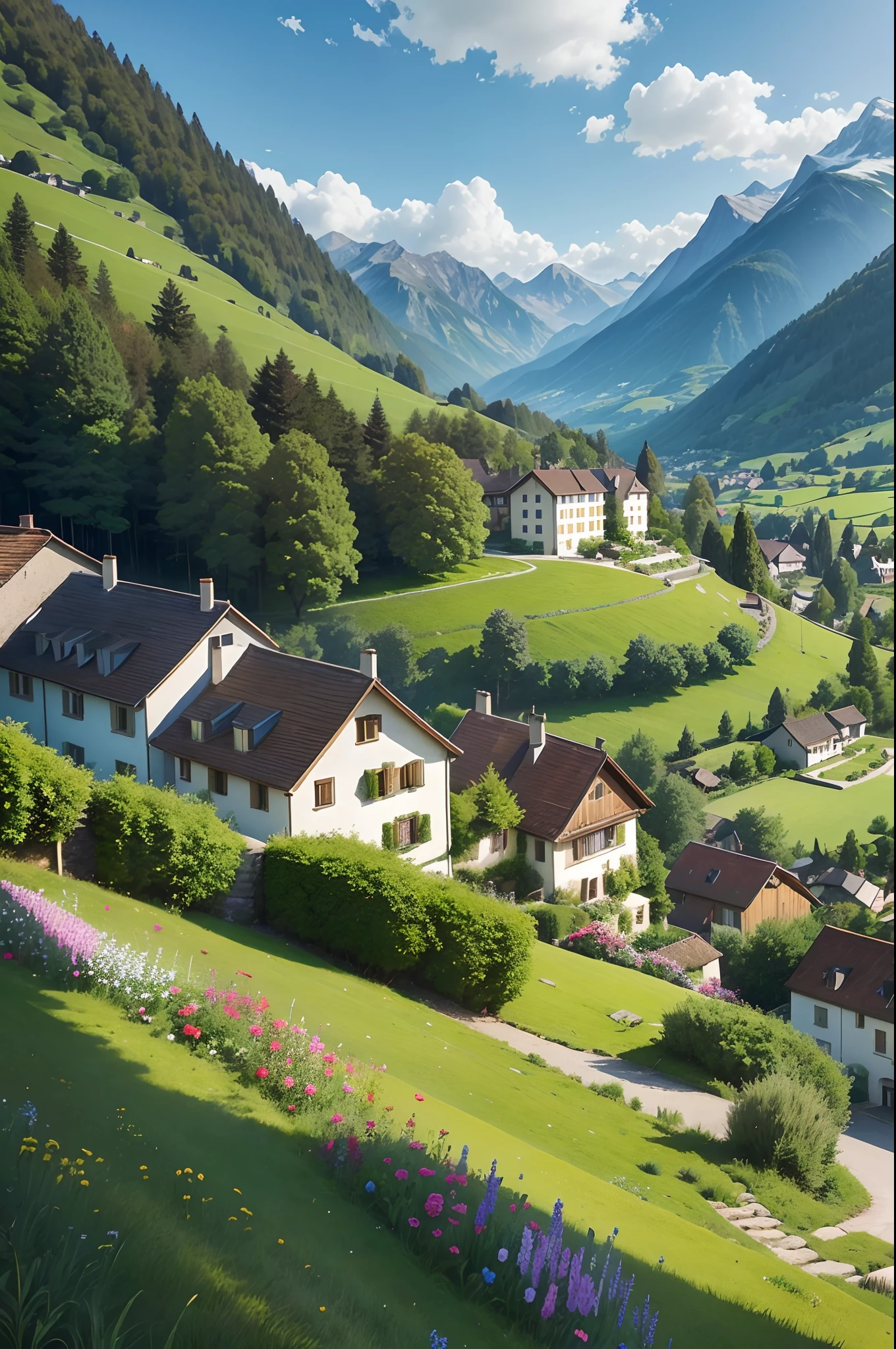 Peaceful and idyllic countryside, Rolling green hills dotted with grazing sheep, Charming villa,Set amidst vibrant flowers, Clear blue sky overhead, Evokes a sense of peace and simplicity, Valle encantador, switzerland, patches of green fields, lush countryside, Valle exuberante,An idyllic village in Milan,,verdant green fields,above a village,Rolling terraces,Colorful garden of flowers and plants,Alpine scenery in the Swiss countryside under the Alps,Carl Sessel Bern,Majestic nature, Swiss architecture, lindo cenario, rios,waterfallr