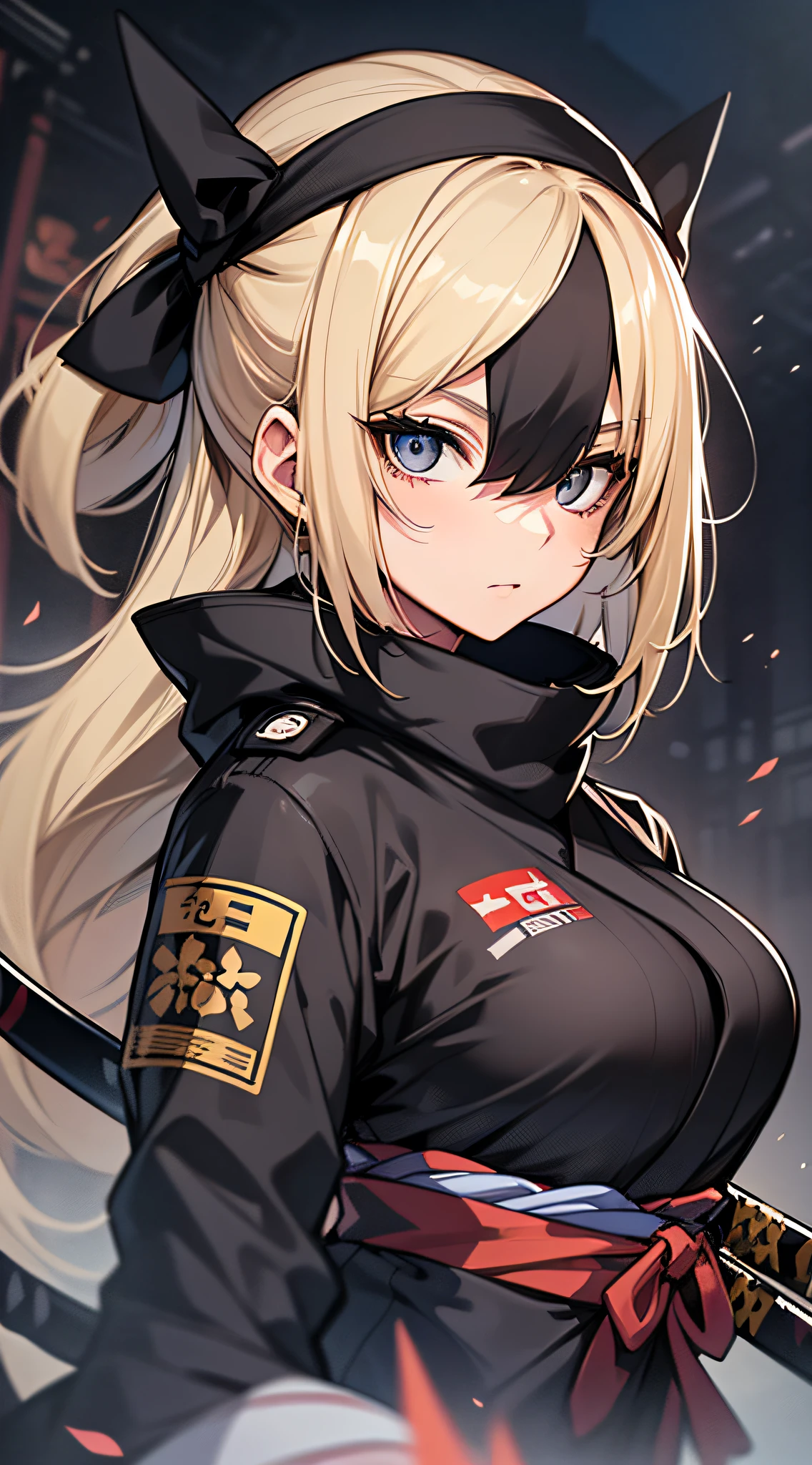 top-quality、Top image quality、masterpiece、Mecha Girl((18year old、Black Ninja Uniform,Best Bust、Bust 100、a blond、poneyTail、Breasts wide open,You can see a large valley、Black eye、Strong eye power、Jump to viewer、Black Hachimaki、holding a katana))hiquality、visualart、Background with((The world of Japan、Black sky))、