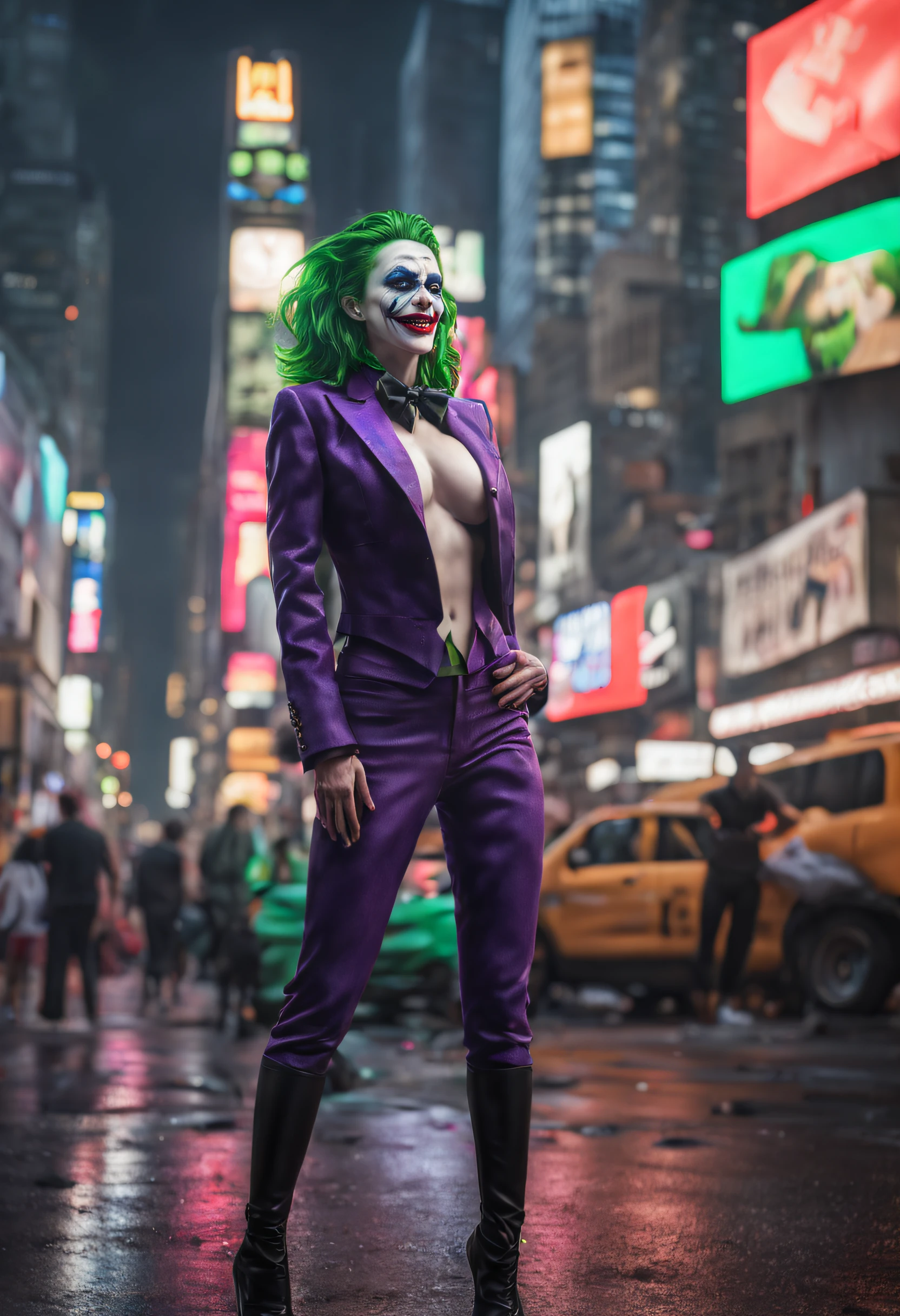 New York, time square, Joker Girl 25 years old, macabre, horror, Sharp mouth teeth, full body shot, tight clothes, technological details, Authentic background, (realism: 1.5), (Realisitc: 1.4), (Absurdity:1.4 ), 8k, ultra-detailed, detailed, (full breasts: 1.3), (One only: 1.4 only), (Viewer facing: 1.3),
