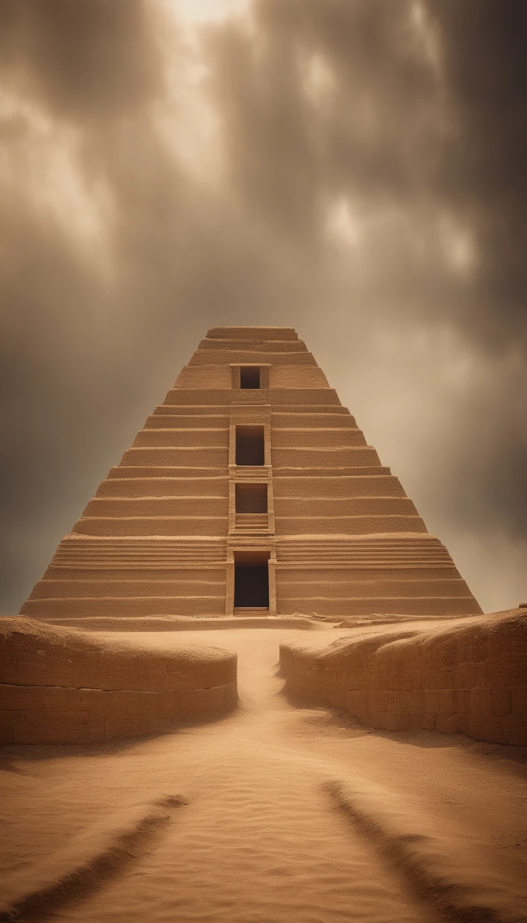 An artistic representation of the Step Pyramid of Joezer with a 10 meter high wall and 15 doors around it, emphasizing the peculiar architecture of this ancient monument.