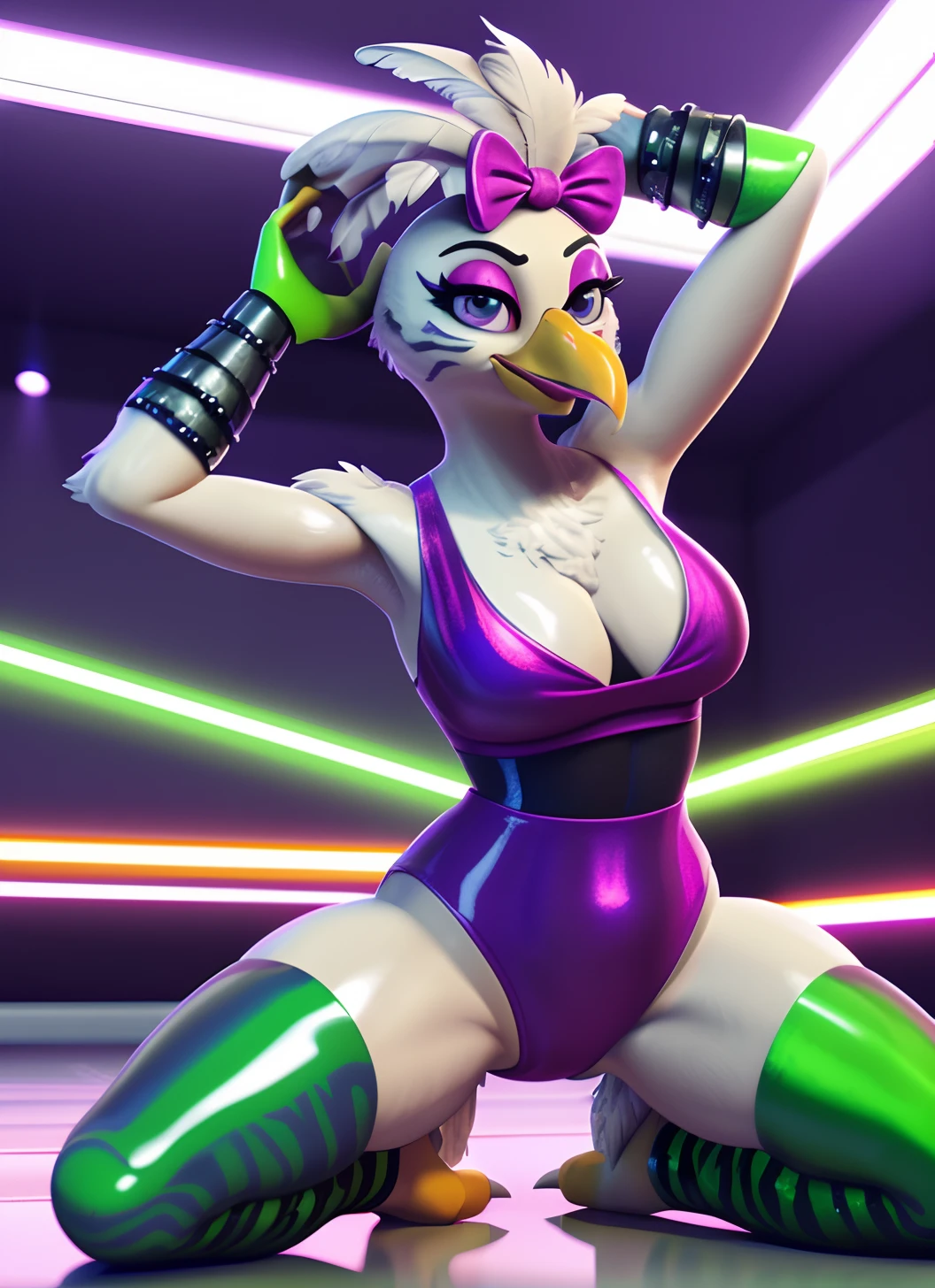 [glamrockchica], [FNAF:_Security_Breach], [Uploaded to e621.net; (Foxovh), (Pixelsketcher), (mayosplash], ((masterpiece)), ((solo portrait)), ((back view)), ((furry; anthro chicken girl)), ((detailed feathers)), ((raytracing)), ((detailed shading)), ((beautiful render art)), {anthro chicken; white feathers, (orange talon feet), (yellow beak), purple eyes, black pupils, (tied-up hair with pink bow), (excited smile), (mouth open), small boobs, (beautiful legs), (camel toe)}, {(pink leotard), (cleavage), (green fingerless gloves), (green latex tiger-striped bracers), (green legwear), (two different color legwear on each leg)}, {(on knees), (hands on head), (legs spread open), (head tilted sideways), (attractive pose), (looking back)}, [background; (dance studio), (bright lights)]