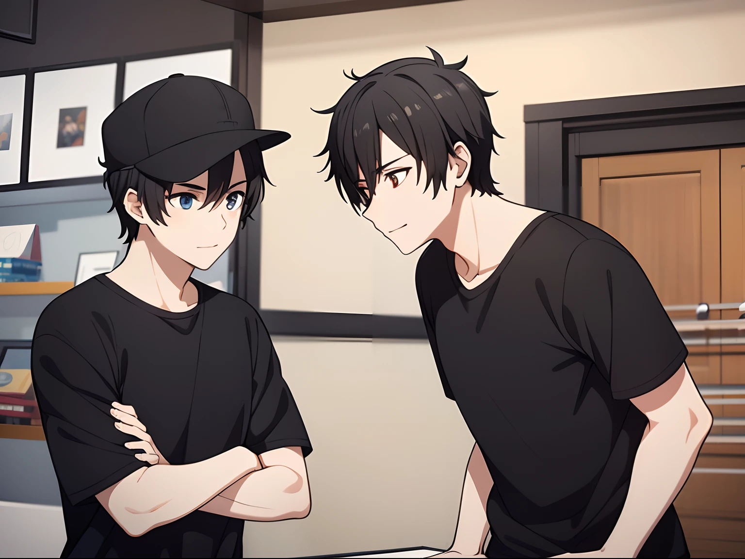 2 men with black hair wearing a holiday tshirt and hat, standing at a shop, Adult men