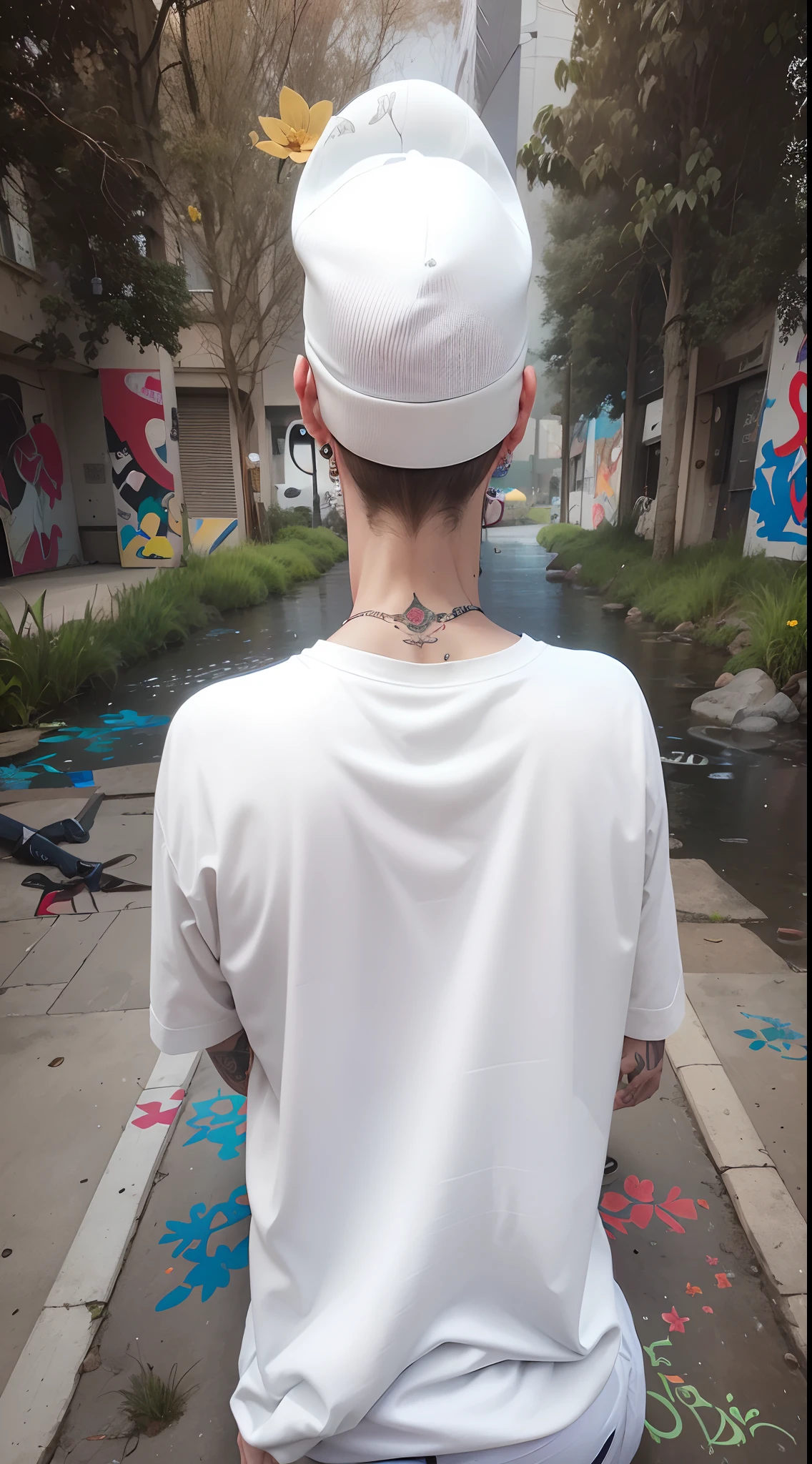 there is a man with tattoos on his body and a flower in his hand, album art, realism art, sitting in his throne underwater, art cover, realism art style, album, realistic art, official artwork, realism artstyle, music album art, by Adam Dario Keel, realistic artwork, album art cover, official art, lil peep, inspired by Adam Dario Keel