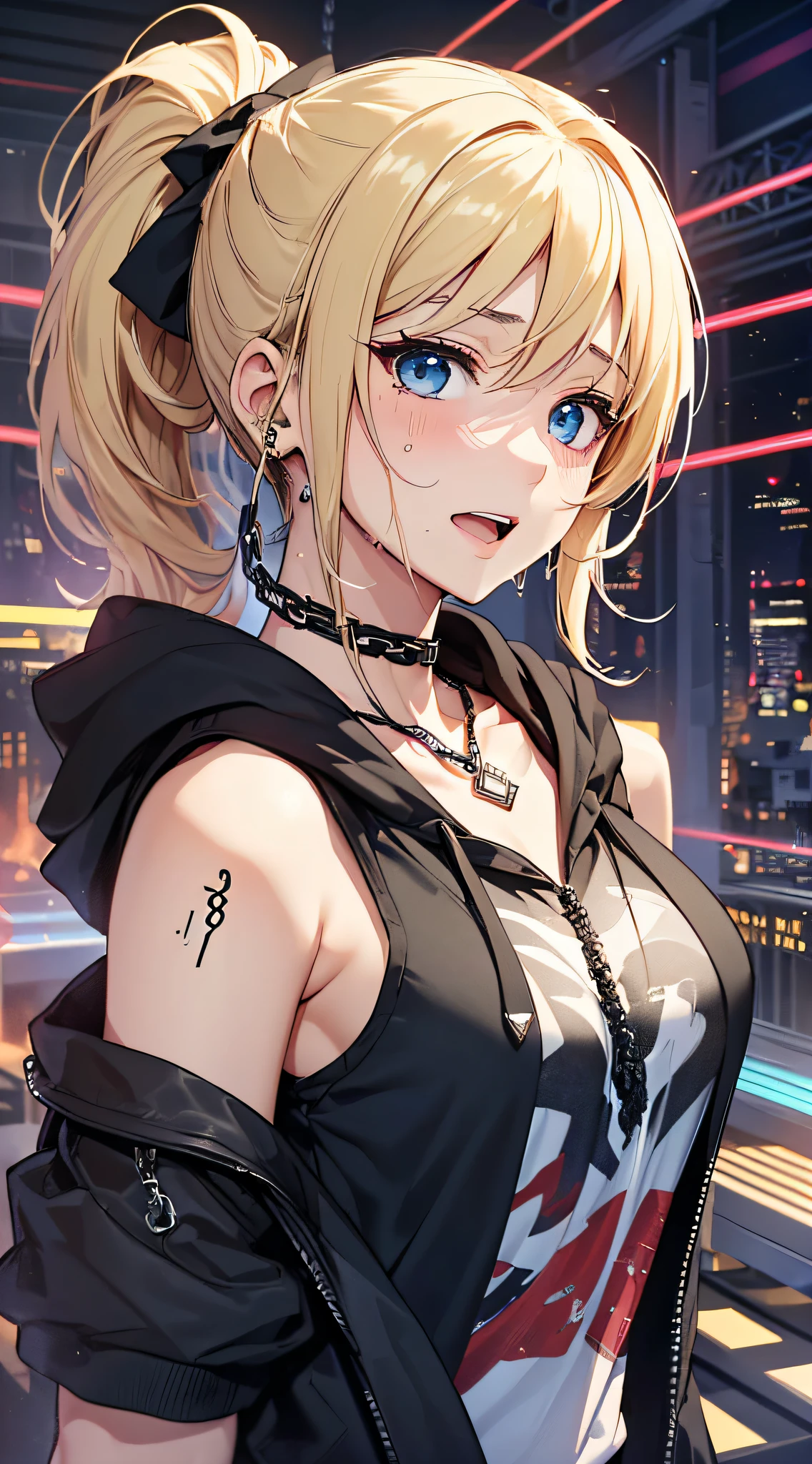 A woman with blonde hair and blue eyes standing in front of a city ...