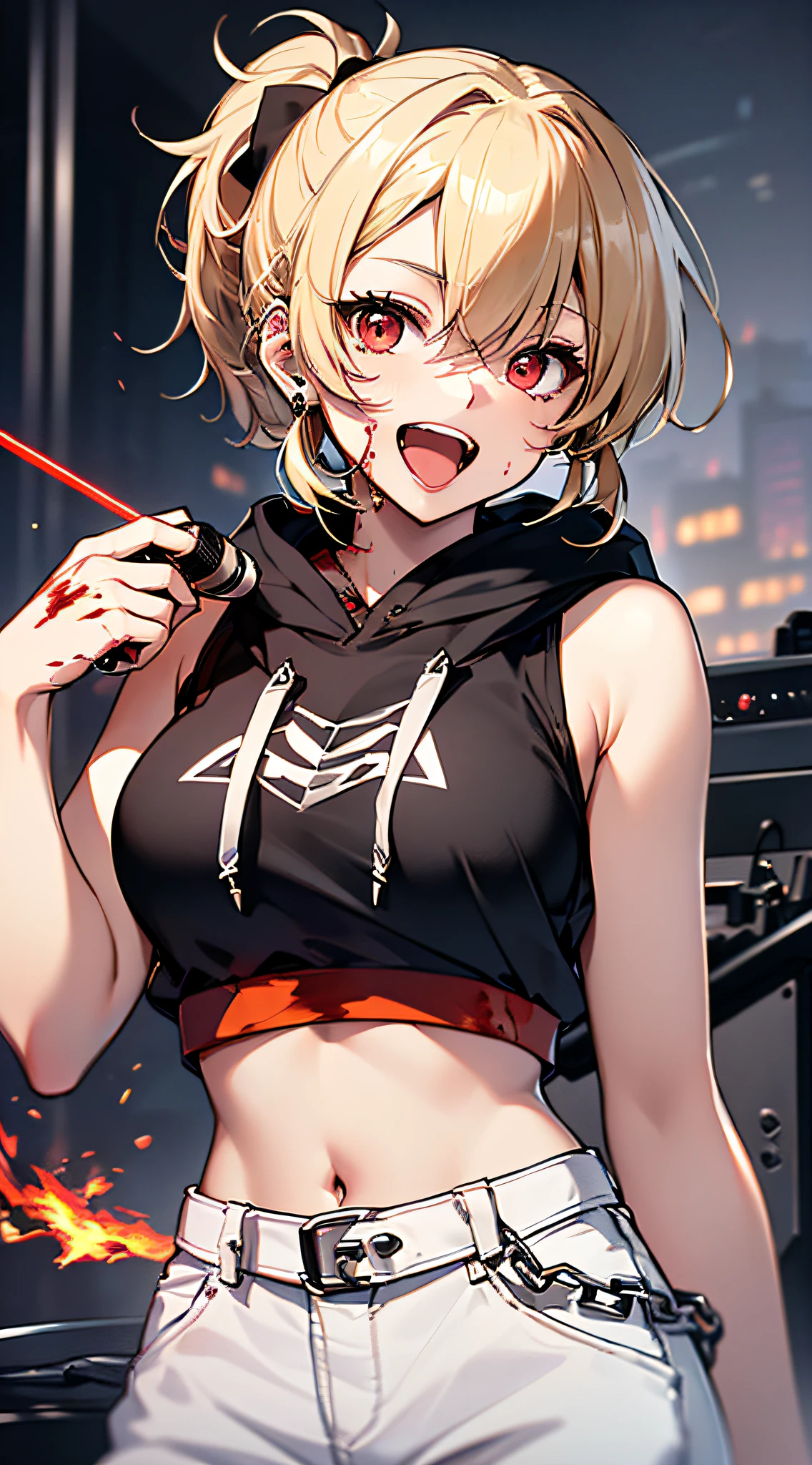 top-quality、Top image quality、​masterpiece、girl with((18year old、tatteredclothing、Black tank top、Black short-sleeved hoodie、White pants、Best Bust、Bust 85、a blond、disheveled ponytail、Red Eyes、open chest wide、Happiness、Return blood、Blood from the mouth、Chain Accessories、holding the mic、Voice bubbles(I Love You),Singing)）hiquality、visualart、Background with((Live performance venue、knight、Combustion Renditions、Laser Pointer))、