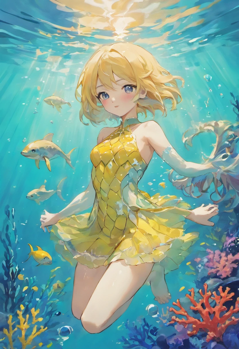 The background of the illustration is a wide and bright ocean,Sunlight shines through the crystal clear waters,Dye the sea surface a warm and bright blue。There is a beautiful area of coral reefs in the sea,Corals are colorful and diverse,It emits a colorful glow。In this ocean,There are several cute marine animals swimming around。The first is a sea turtle swimming in the sea,Its appearance takes on a turquoise shell,Swimming leisurely,There are also some small fish around it。Ademais,There is also a lively and cute dolphin,It jumps out of the water,Show a beautiful arc,And leave a splash in the air。The dolphin appears grayish white throughout,The eyes are bright and intelligent,Very charming。Enfim,There is also a small seahorse,It is petite,It shows a red and yellow speckled pattern。Little seahorses sway leisurely among the water grass,It gives a lovely and peaceful feeling。The whole illustration is full of warmth and energy,Marine animals swim freely in the bright underwater world,It gives a peaceful and nice feeling。