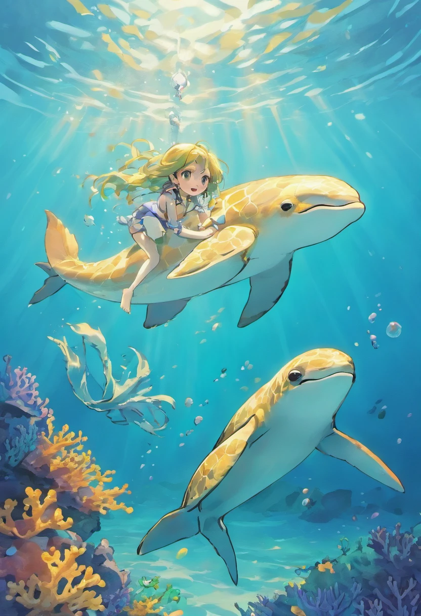 The background of the illustration is a wide and bright ocean，Sunlight shines through the crystal clear waters，Dye the sea surface a warm and bright blue。There is a beautiful area of coral reefs in the sea，Corals are colorful and diverse，It emits a colorful glow。In this ocean，There are several cute marine animals swimming around。The first is a sea turtle swimming in the sea，Its appearance takes on a turquoise shell，Swimming leisurely，There are also some small fish around it。Ademais，There is also a lively and cute dolphin，It jumps out of the water，Show a beautiful arc，And leave a splash in the air。The dolphin appears grayish white throughout，The eyes are bright and intelligent，Very charming。Enfim，There is also a small seahorse，It is petite，It shows a red and yellow speckled pattern。Little seahorses sway leisurely among the water grass，It gives a lovely and peaceful feeling。The whole illustration is full of warmth and energy，Marine animals swim freely in the bright underwater world，It gives a peaceful and nice feeling。