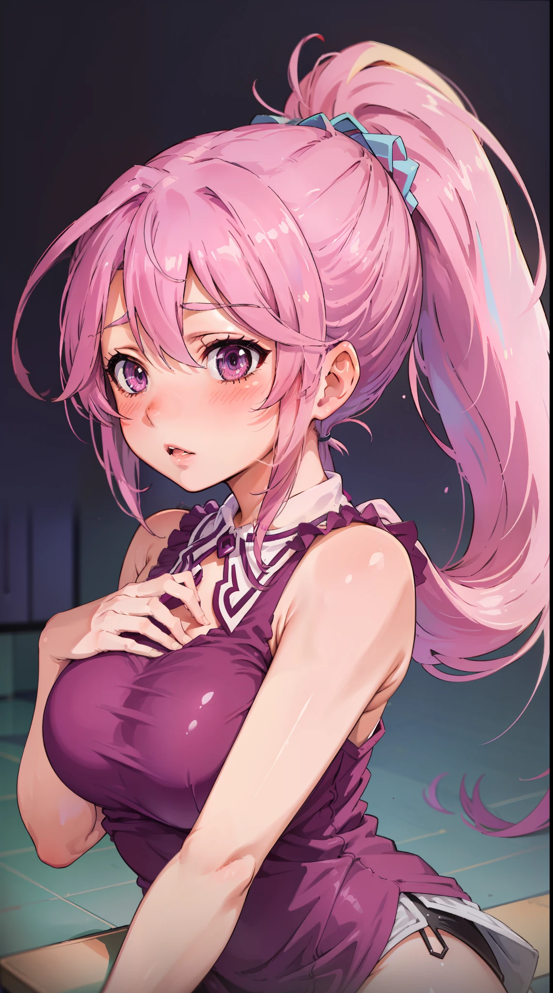 Jibril, blushed, perfect anatomy, detailed eyes, detailed lips, extremely detailed eyes and face, vivid colors, sharp focus, masterpiece:1.2, ultra-detailed, blushed, ((doggystyle)), (solo), ((shirt)), sleeveless, ((((ponytail))))