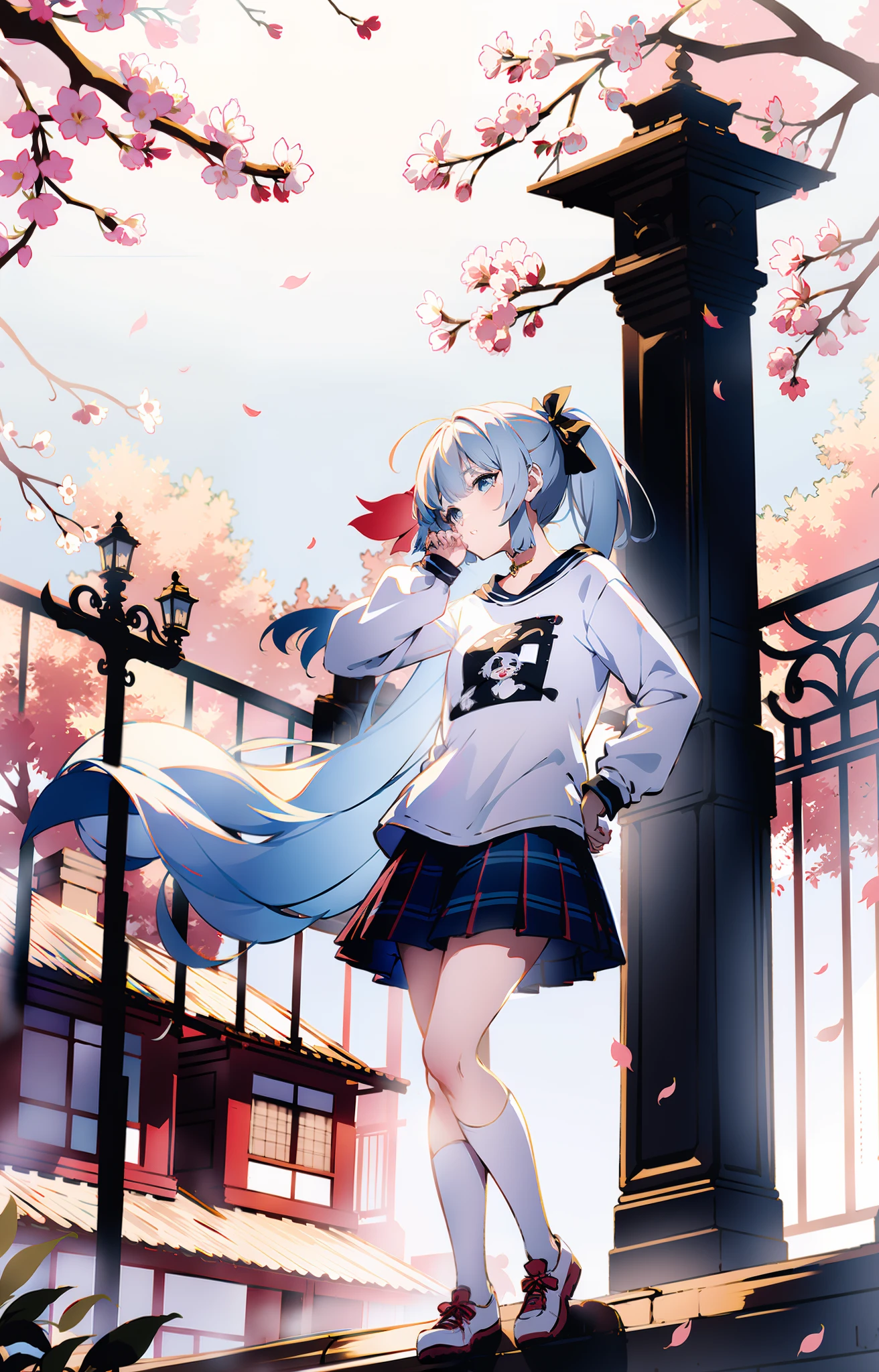 casual outfit, cute pose, white long sleeve, checkered skirt pattern, 1 girl