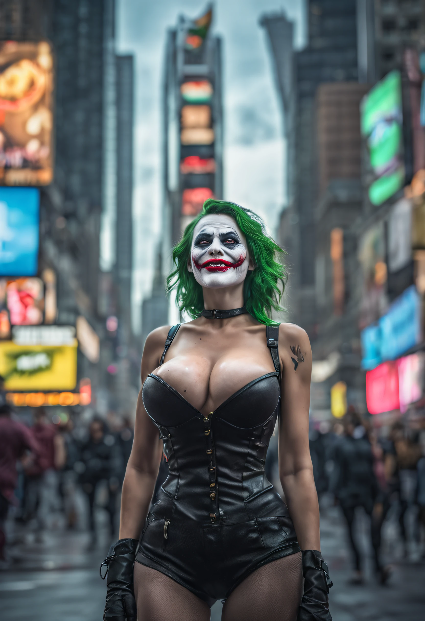 New York, time square, Joker Girl 25 years old, macabre, horror, Sharp mouth teeth, full body shot, tight clothes, technological details, Authentic background, (realism: 1.5), (Realisitc: 1.4), (Absurdity:1.4 ), 8k, ultra-detailed, detailed, (full breasts: 1.3), (One only: 1.4 only), (Viewer facing: 1.3),