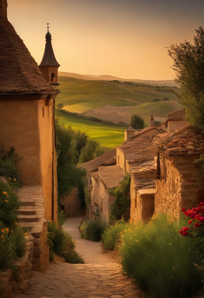 Imagine a heartwarming scene inspired by the story of Jalid, a young boy living in Toledo in the year 1436. Picture a quaint, rustic village surrounded by rolling hills and fields of golden wheat. The village is a harmonious blend of different cultures, with people of Jewish, Castilian, and Arab backgrounds coexisting peacefully