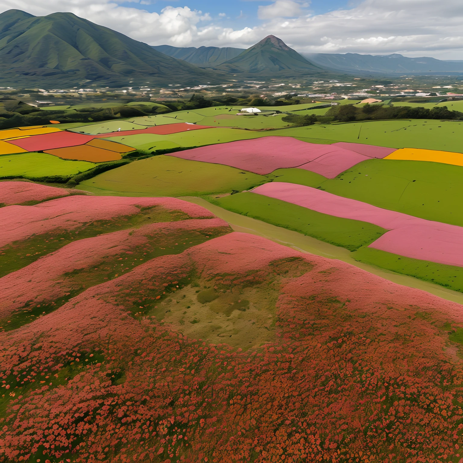 crie uma imagem com o seguinte PROMPT: There is a field of flowers with a mountain in the background, Campo de flores cor-de-rosa, an aesthetic field of flowers, Campo de flores, cosmos em segundo plano, flores surreais de waiizi, standing in flower field, standing in a flower field, Campo de flores, Cosmos, Vasto cosmos, flores em primeiro plano, Cosmos em miniatura, Campos de flores, tiro de drone