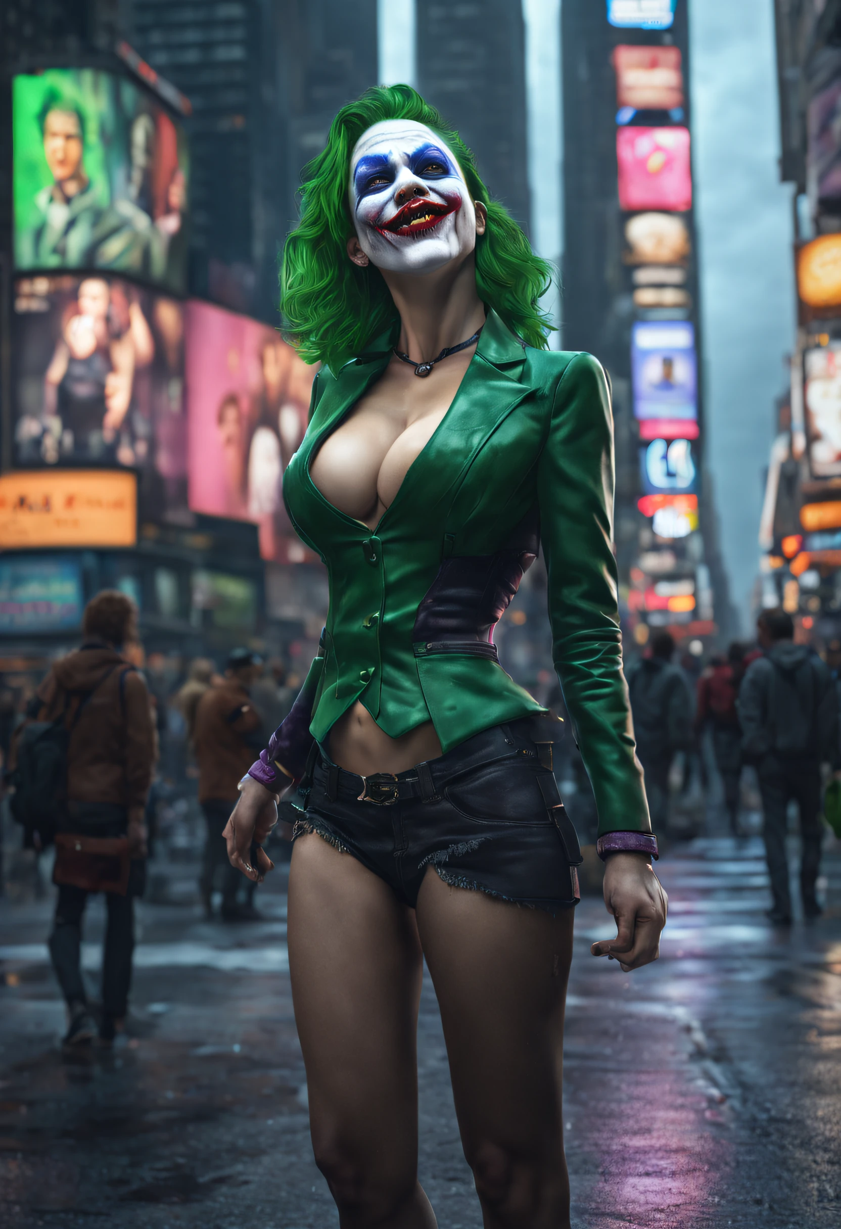 New York, time square, Joker Girl 25 years old, macabre, horror, Sharp mouth teeth, full body shot, tight clothes, technological details, Authentic background, (realism: 1.5), (Realisitc: 1.4), (Absurdity:1.4 ), 8k, ultra-detailed, detailed, (full breasts: 1.3), (One only: 1.4 only), (Viewer facing: 1.3),