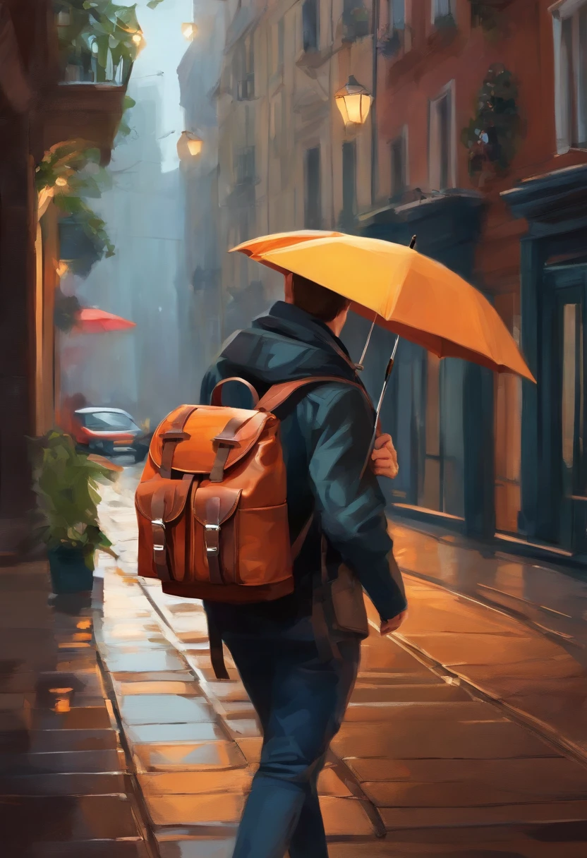 compact backpack illustration, umbrella attached, many compartments, GPS, fashionable,easy to adjust