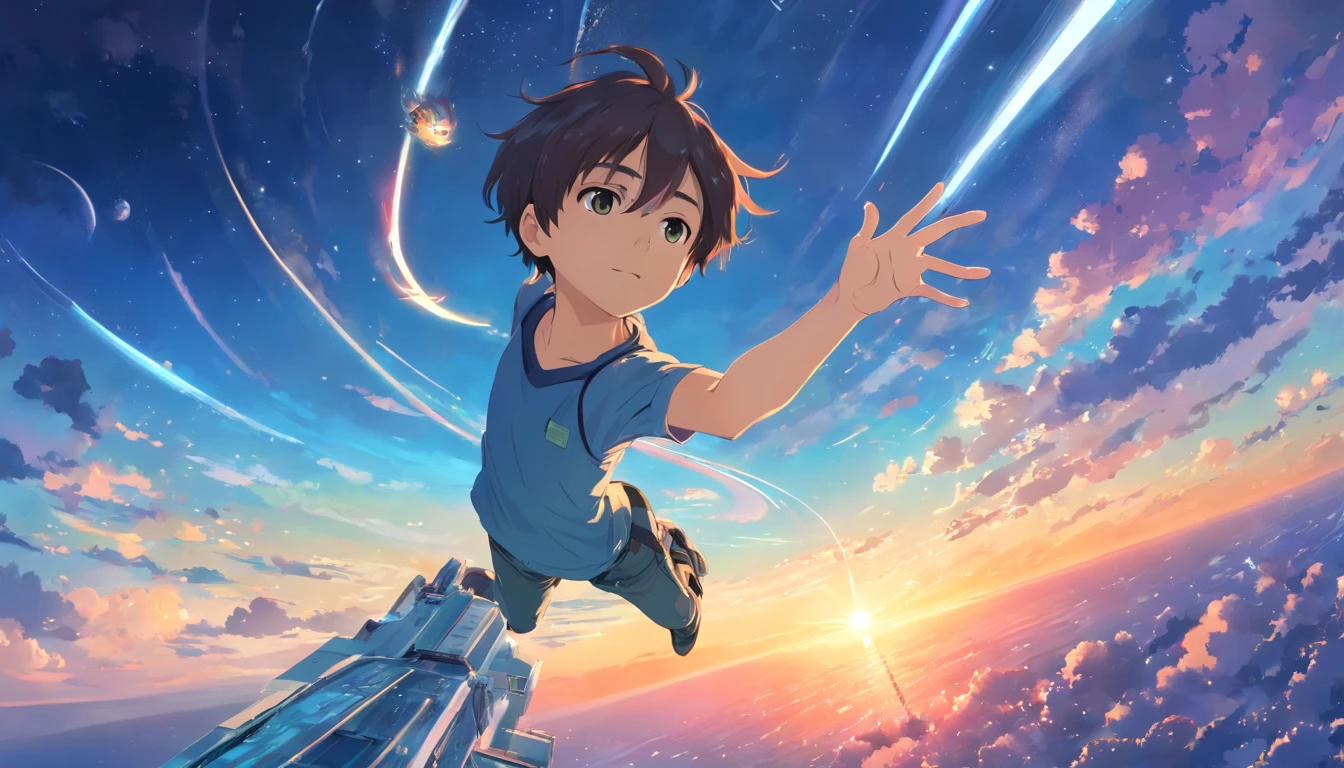 ridiculous resolution, high resolution, (masterpiece:1.4), super detailed, 1boy, seen from above, space, floating, --v 6